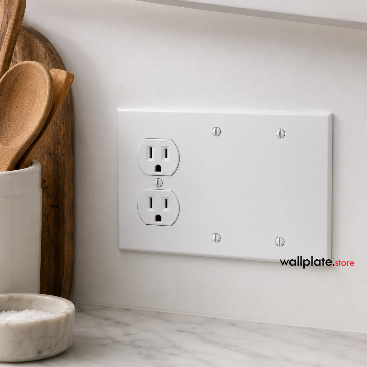 3 gang white metal wall plate cover with one duplex receptacle and two blanks.