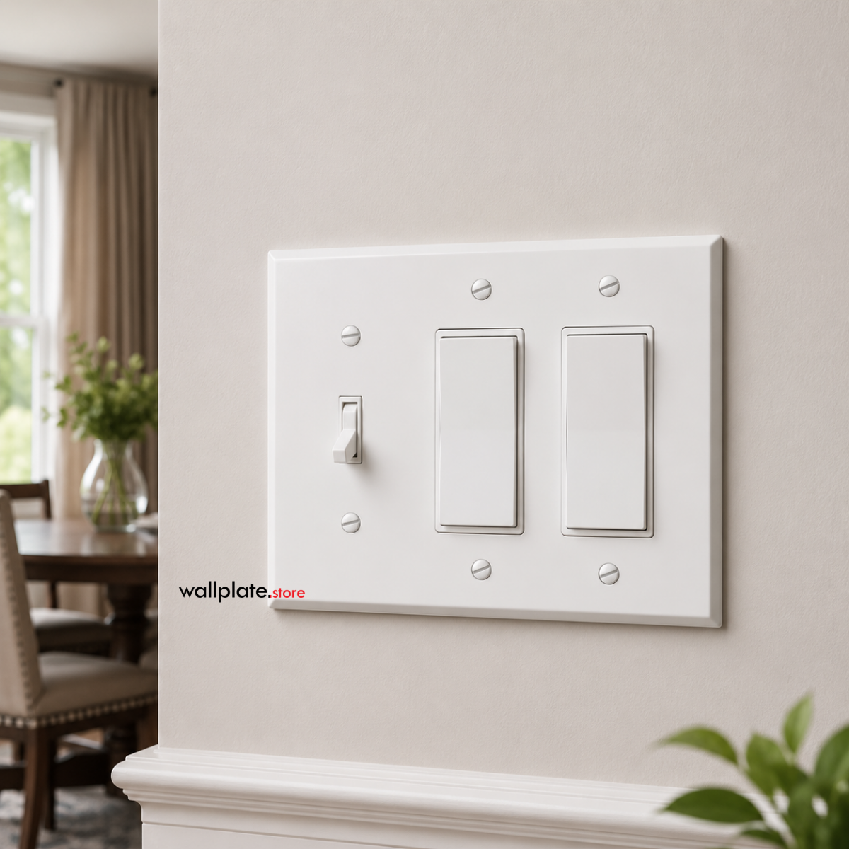 3-Gang White Metal Wall Plate – 2 Decora® (Rocker/GFCI) + 1 Toggle Switch | Standard Size