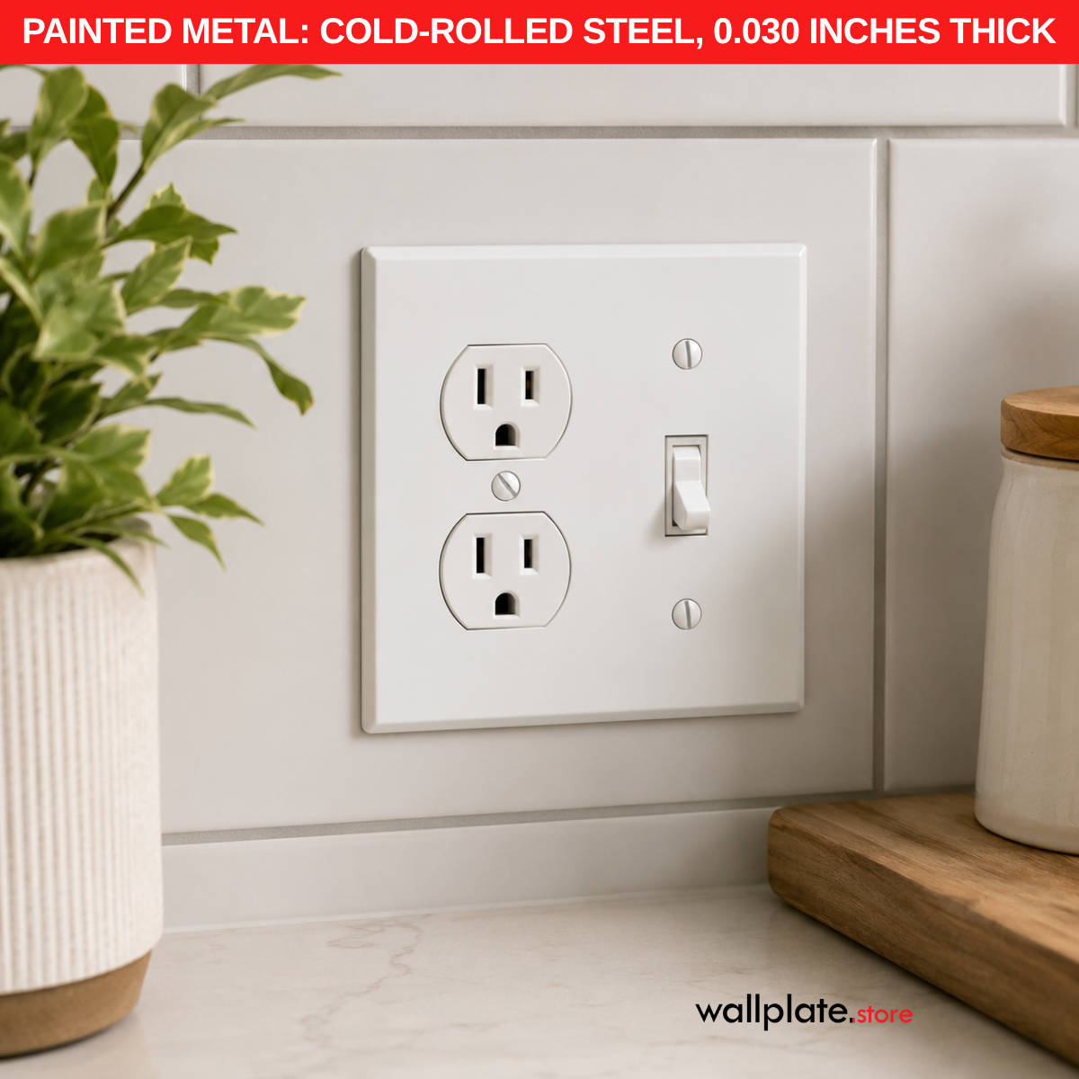 2-Gang White Metal Wallplate With (1) Toggle Switch and (1) Duplex Openings, Standard Size | Made in USA
