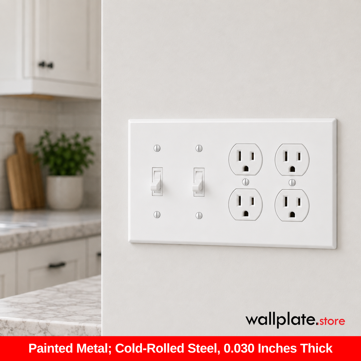 4-Gang, Standard Size, 2 Toggle Switches and 2 Duplex Recepacles, White Semi-Gloss Finish Wall Plate Outlet Cover - Made in USA
