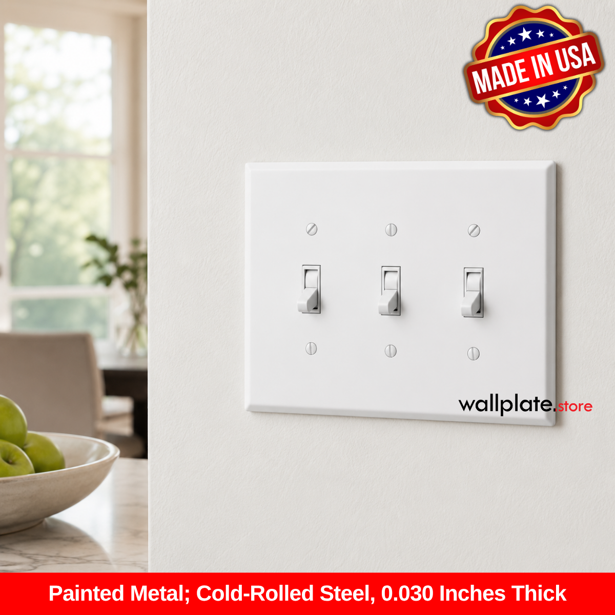 3 Gang Jumbo Oversized Toggle Switch Wall Plate Cover - White Metal - Made in USA