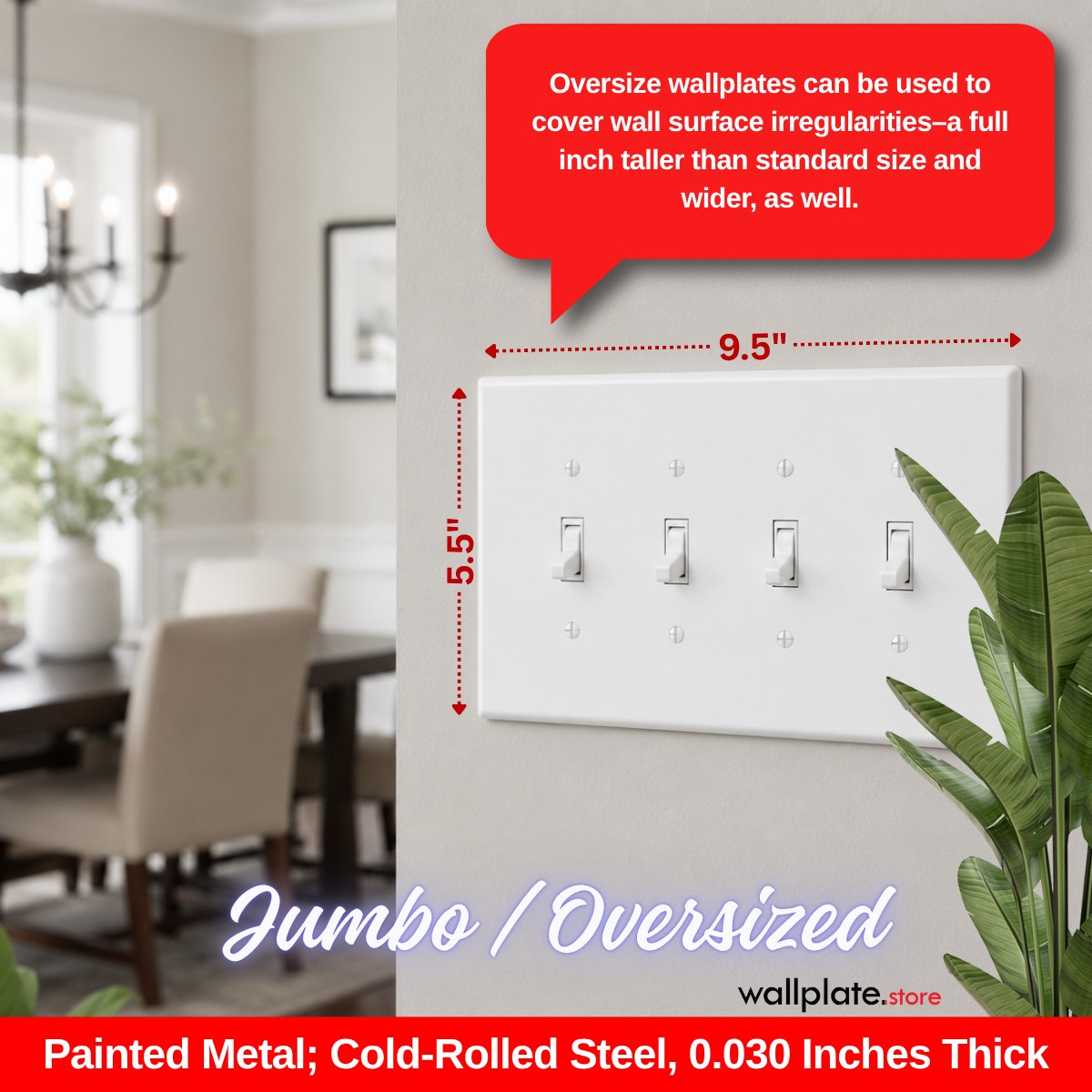4 Gang Jumbo Oversized Toggle Switch Wall Plate Cover - White Metal - Made in USA