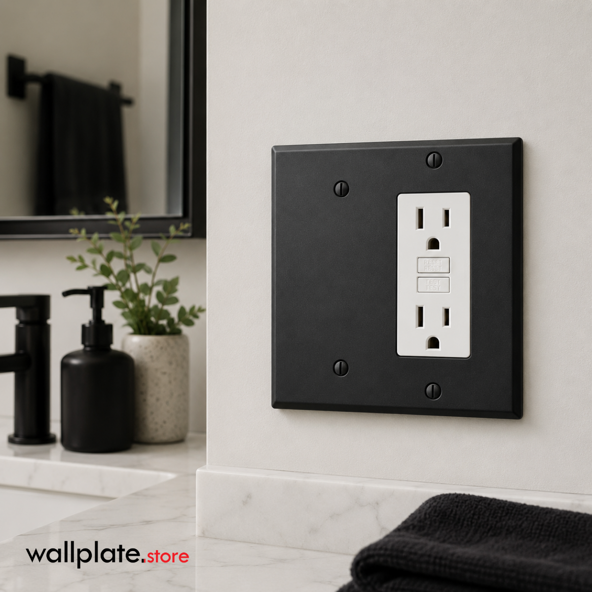 2-Gang Black Metal Wall Plate with 1 Decora (Rocker/GFCI) + 1 Blank – Standard Size – Made in USA