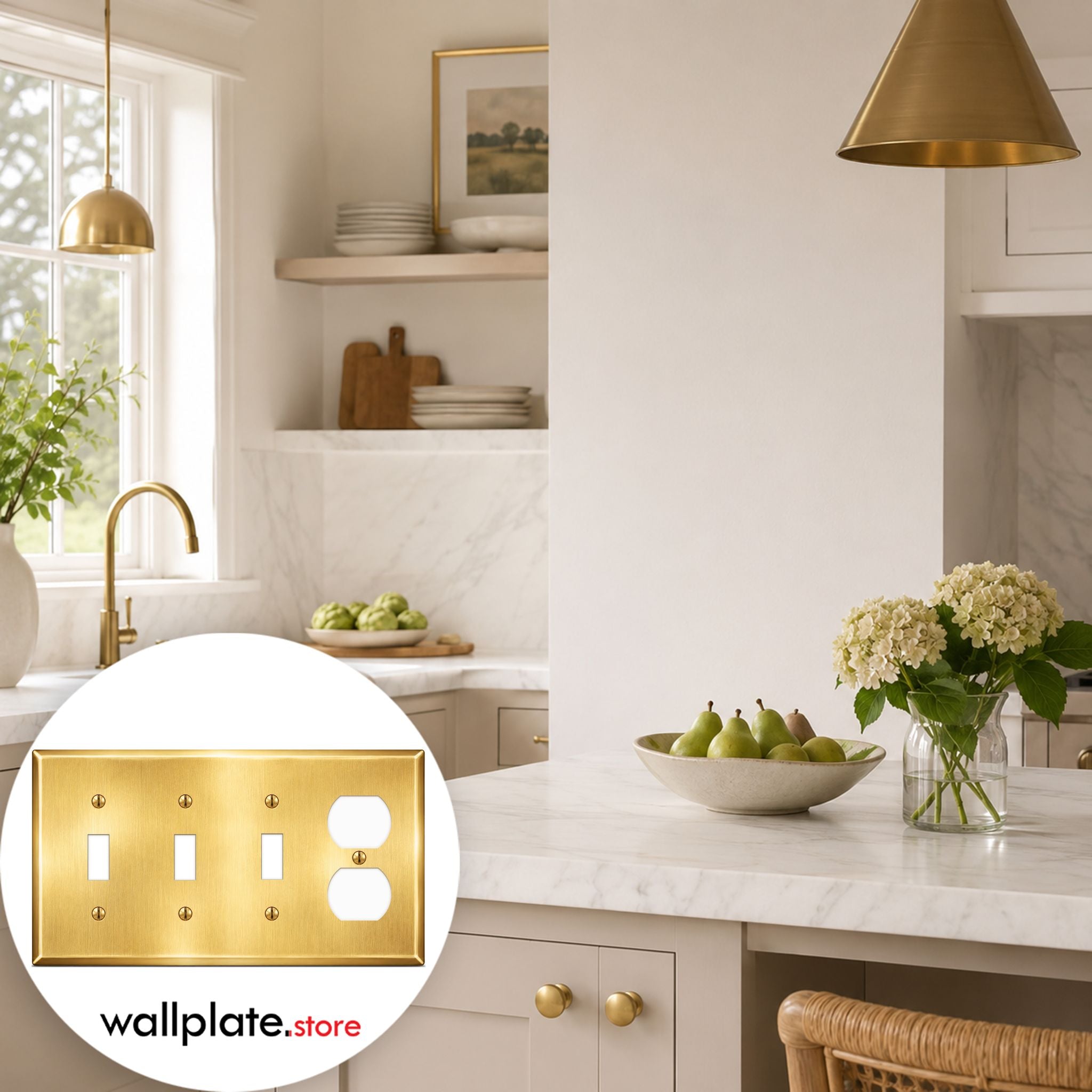 4-Gang Wallplate, Standard Size, (3) Toggle & (1) Duplex Opening, Satin Brass Finish Metal Outlet Cover - Made in USA