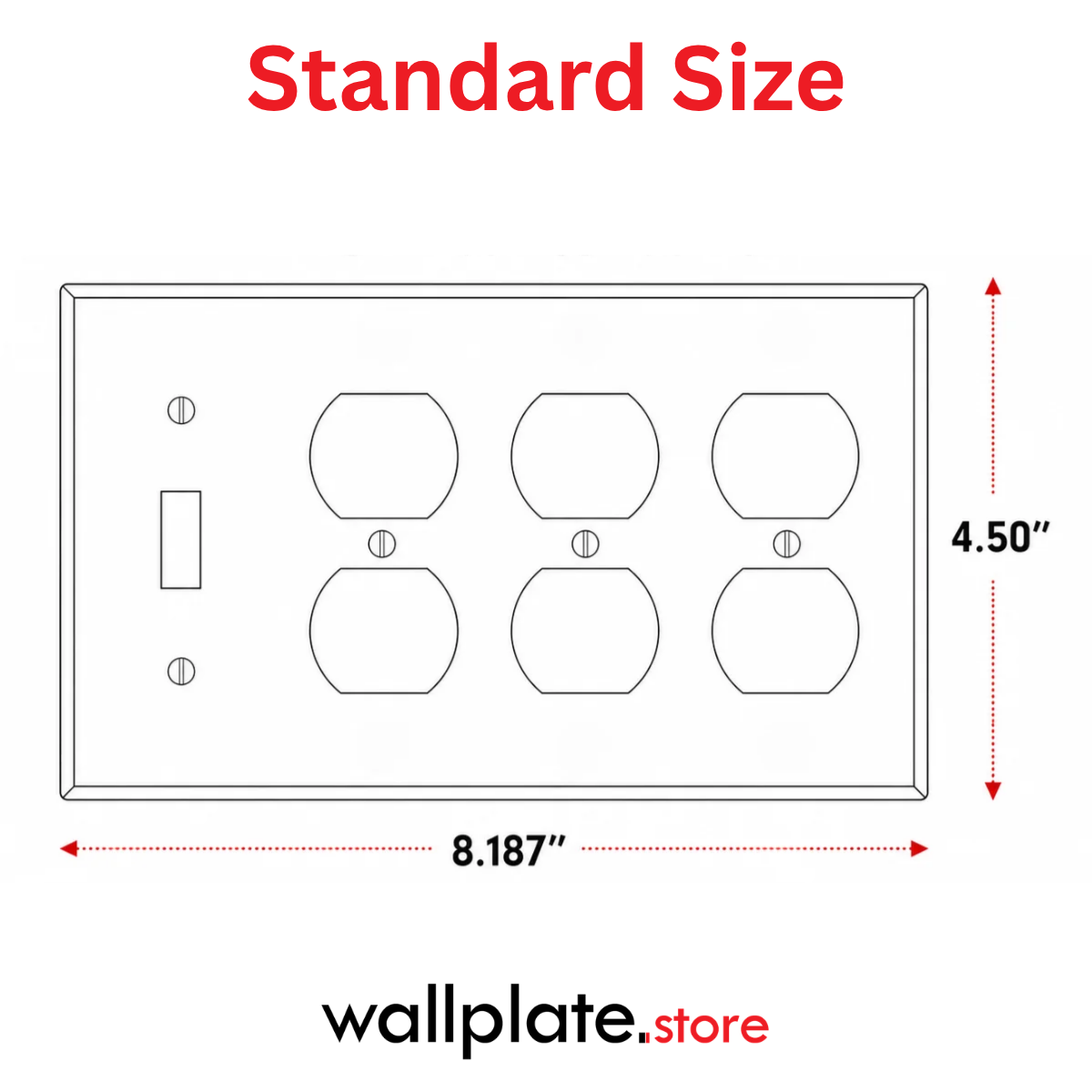 Dimension diagram of a 4-Gang Wall-plate, Standard Size, 1 Toggle Switch & 3 Duplex Outlet Openings