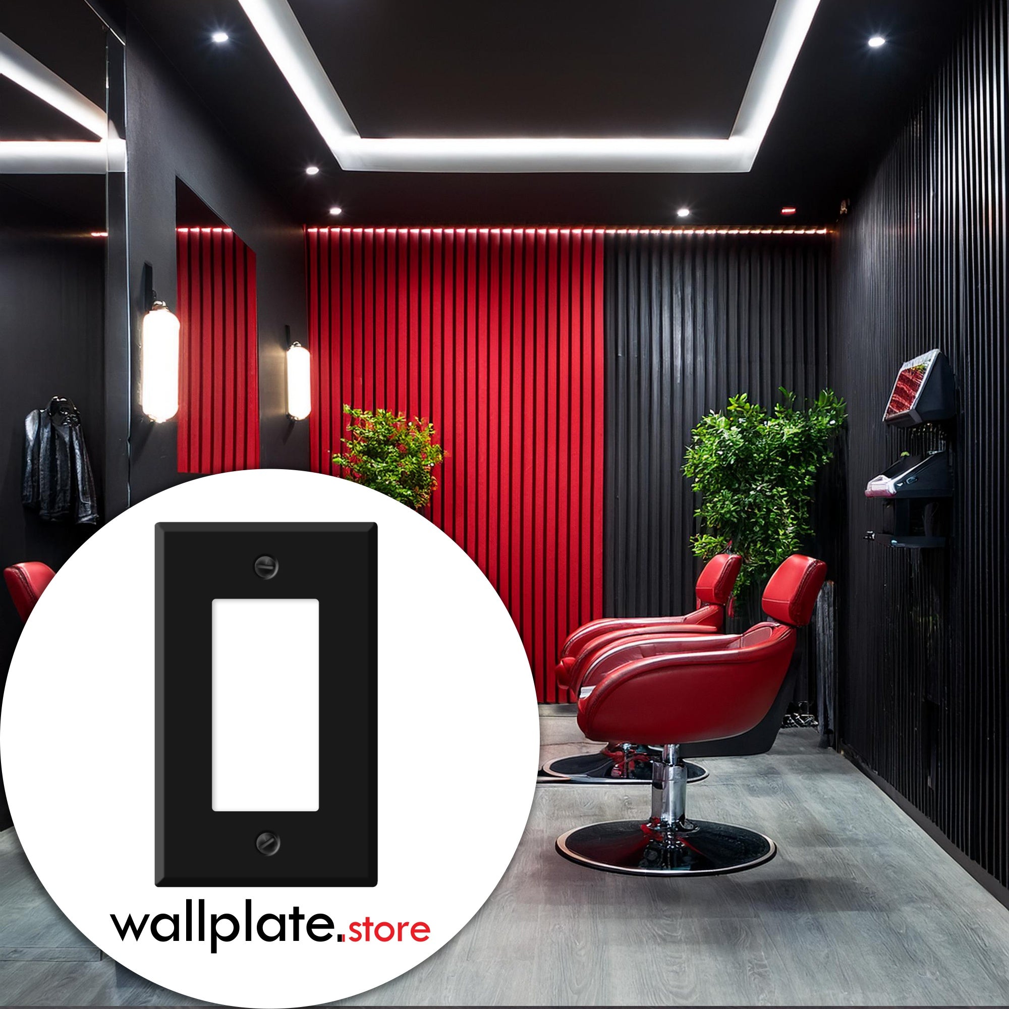 Black 1 gang standard size rocker switch wall plate in use