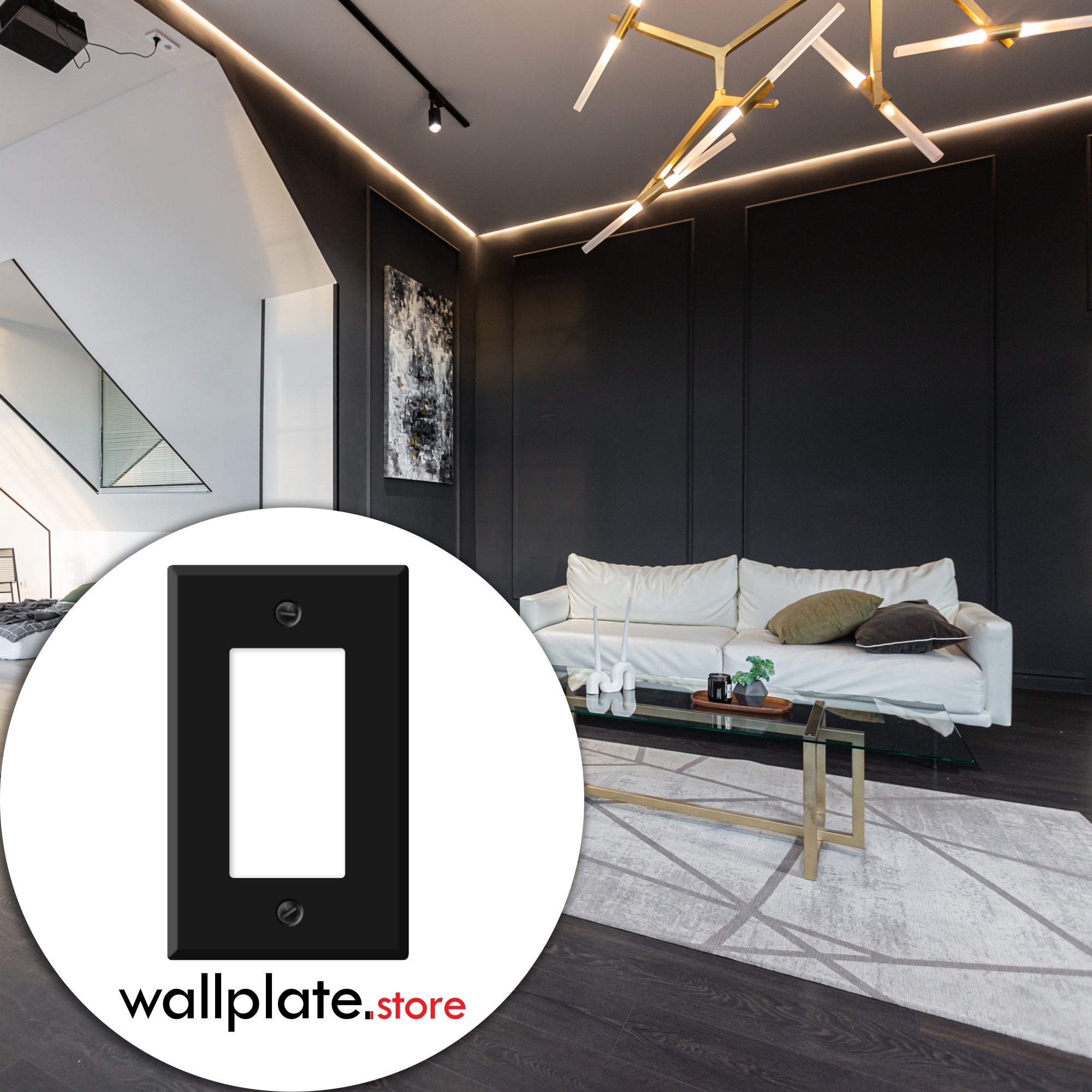 Black 1 gang standard size rocker switch wall plate in use