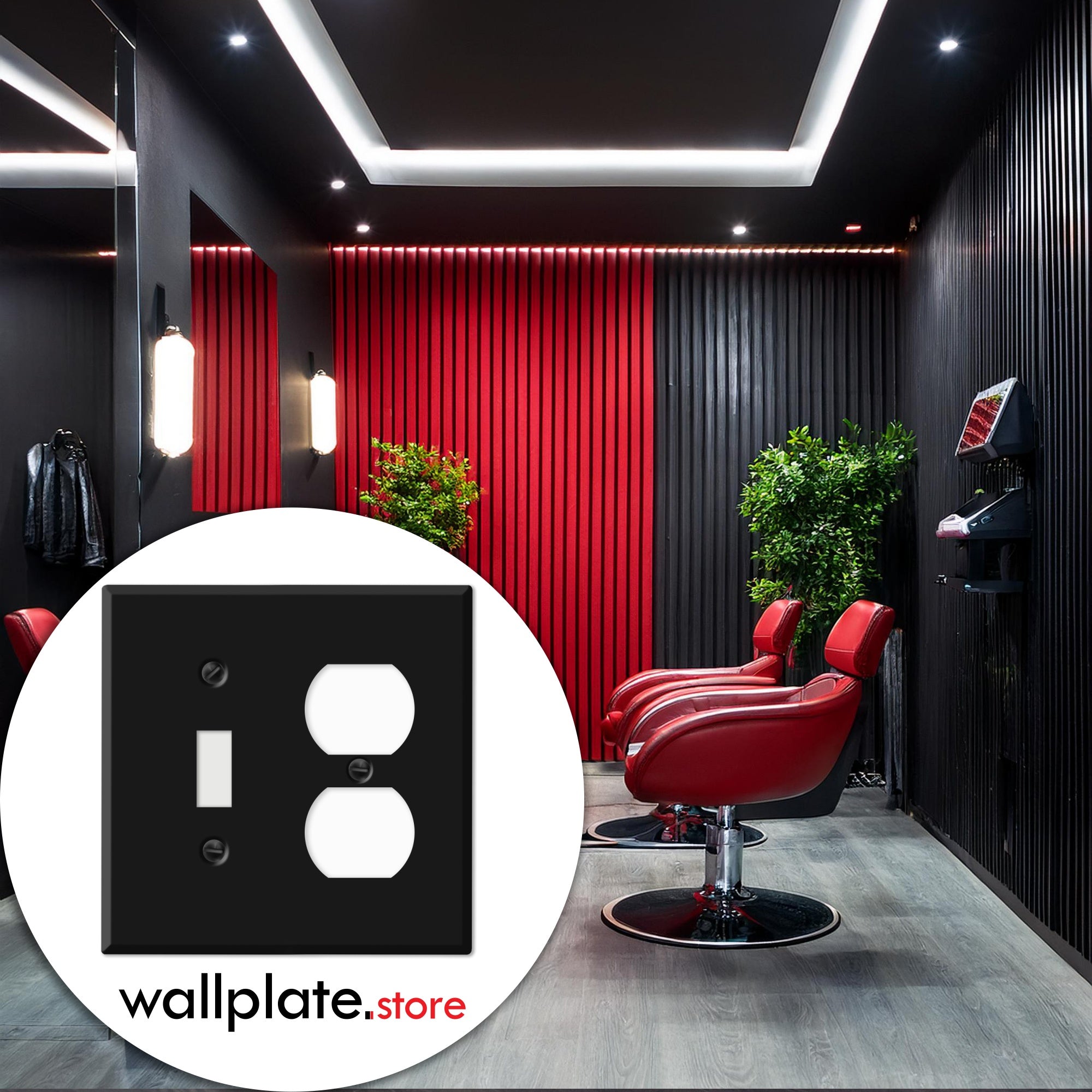 Black toggle and duplex wall plate in use