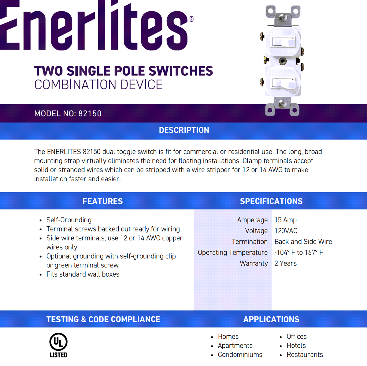 A product information card for the Enerlites Two Single Pole Switches Combination Device, Model No. 82150