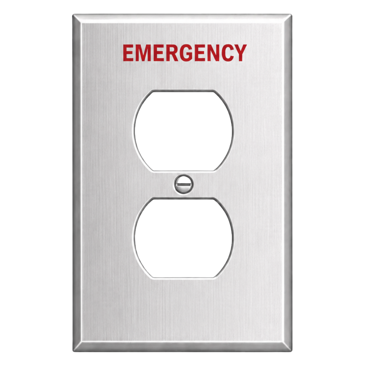 1-Gang, Stainless Steel Wall Plate Duplex Receptacle Opening, 1/4" Lettering "EMERGENCY" Engraved in Red Fill, Type 304,