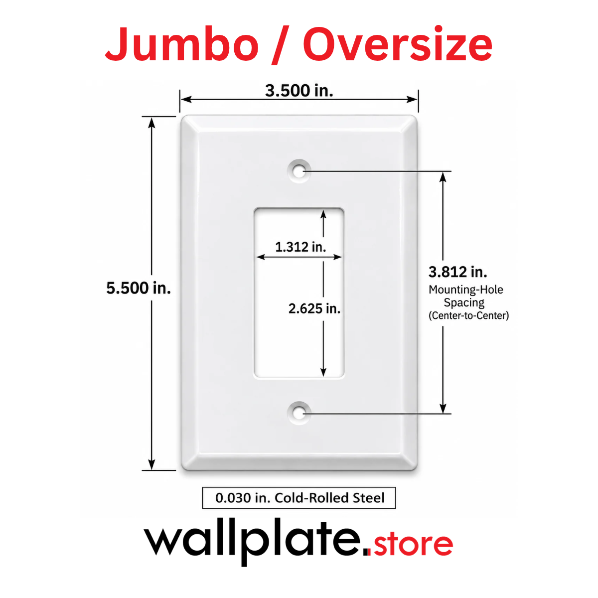White 1-gang jumbo metal wall plate with centered Decora/GFCI opening, showing 5.5 x 3.5 inch dimensions and 3.812 inch mounting-hole spacing.