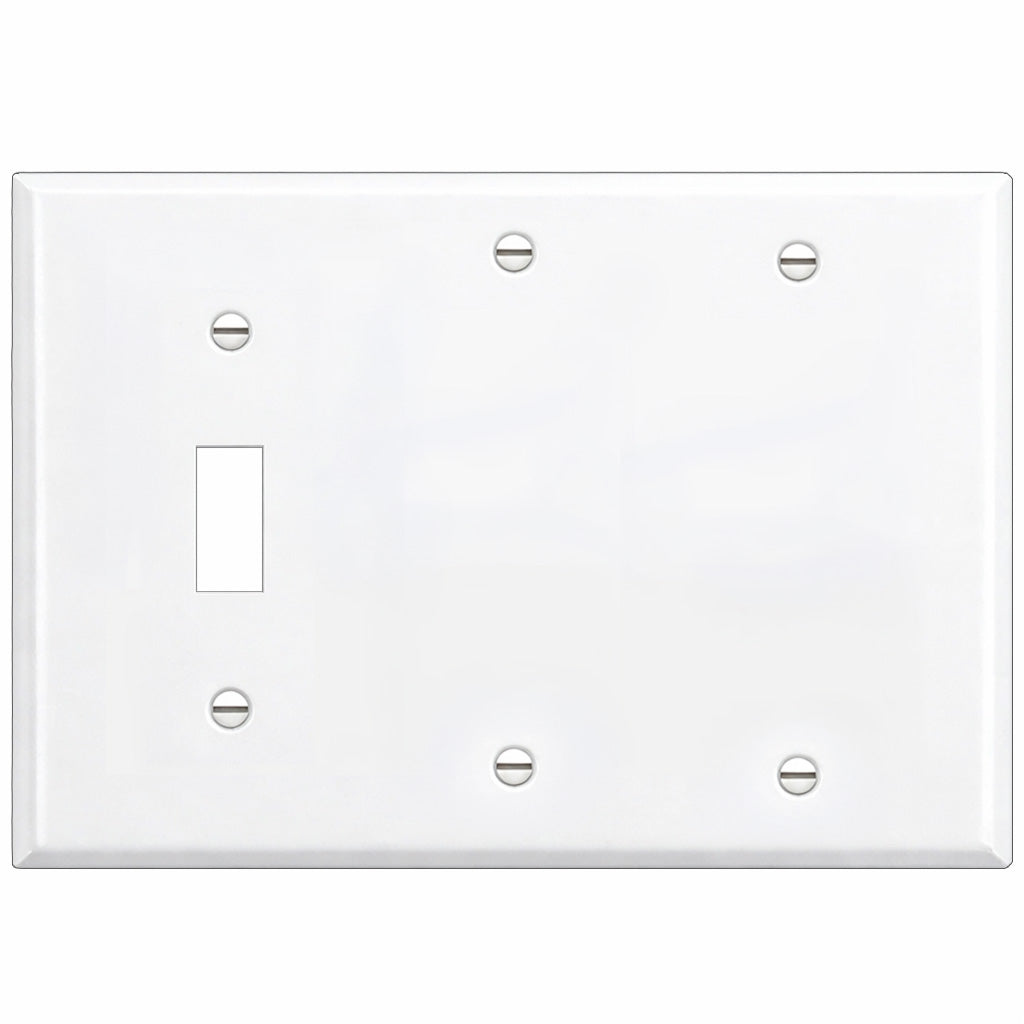 3-Gang White Painted Metal Wallplate with 1 Toggle Opening and 2 Blank, Standard Size, Made in USA