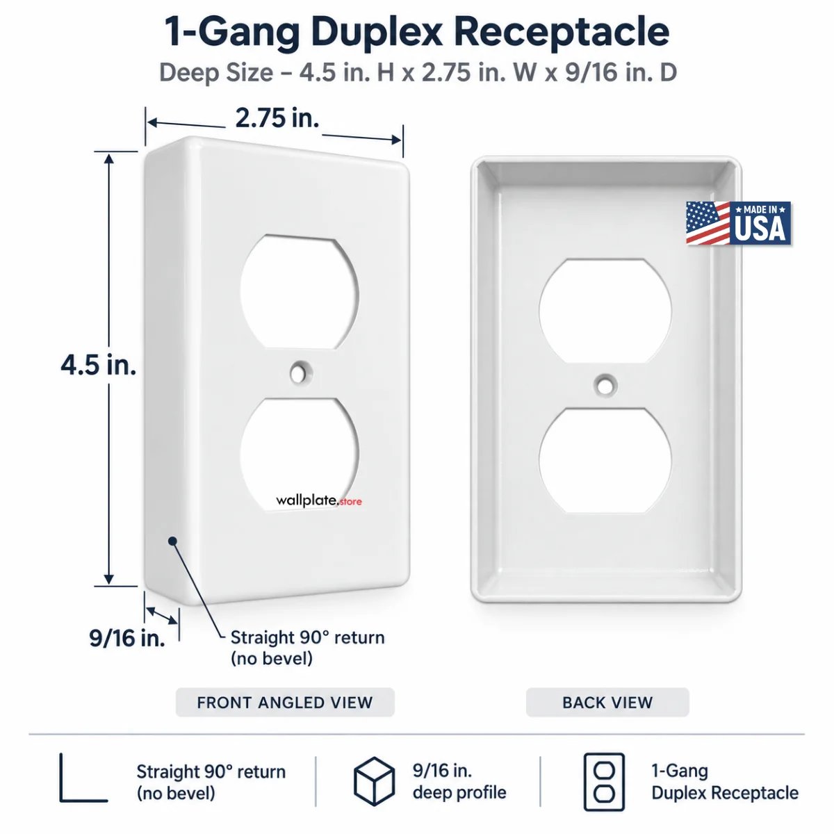 1-Gang, Extra Deep, 1 Duplex Receptacle Opening, White Semi-Gloss Finish, Painted Metal Wall Plate Outlet Cover - Made in USA