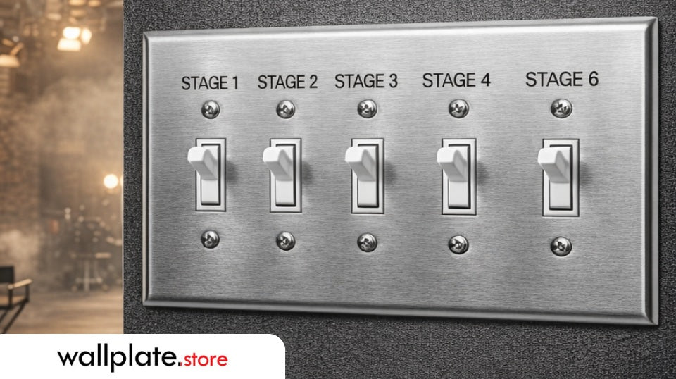 5 gang stainless steel toggle switch wall plates in a concert hall.