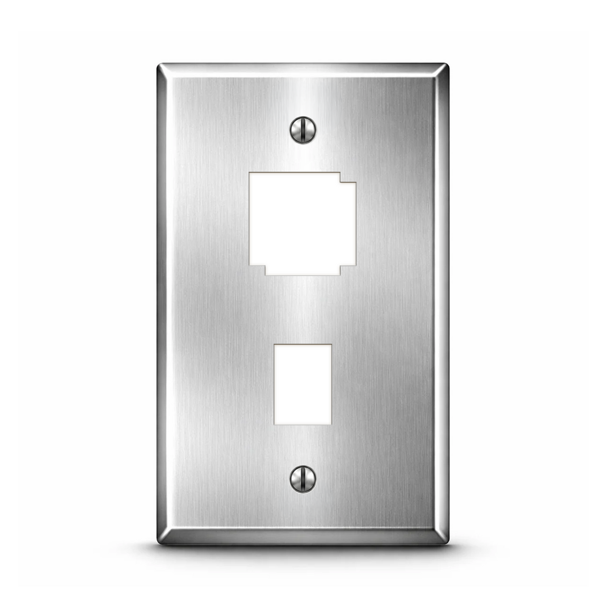 1-Gang, Standard Size, 1 IBM Data Connector Cutout and 1 RJ11 6-Wire Modular Connector Opening, Stainless Steel Satin Finish, Type 430 Stainless Steel Wall Plate Outlet Cover - Made in USA