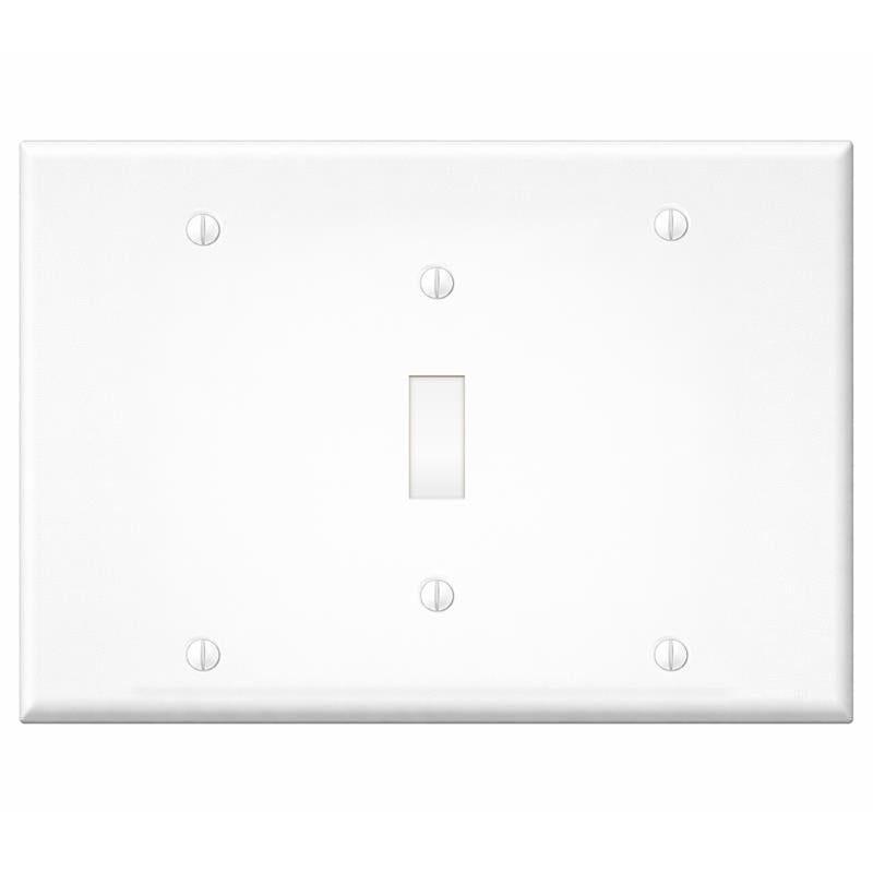 3-Gang with (1) Blank (1) Toggle (1) Blank, Standard Size, White Painted Metal Wall Plate