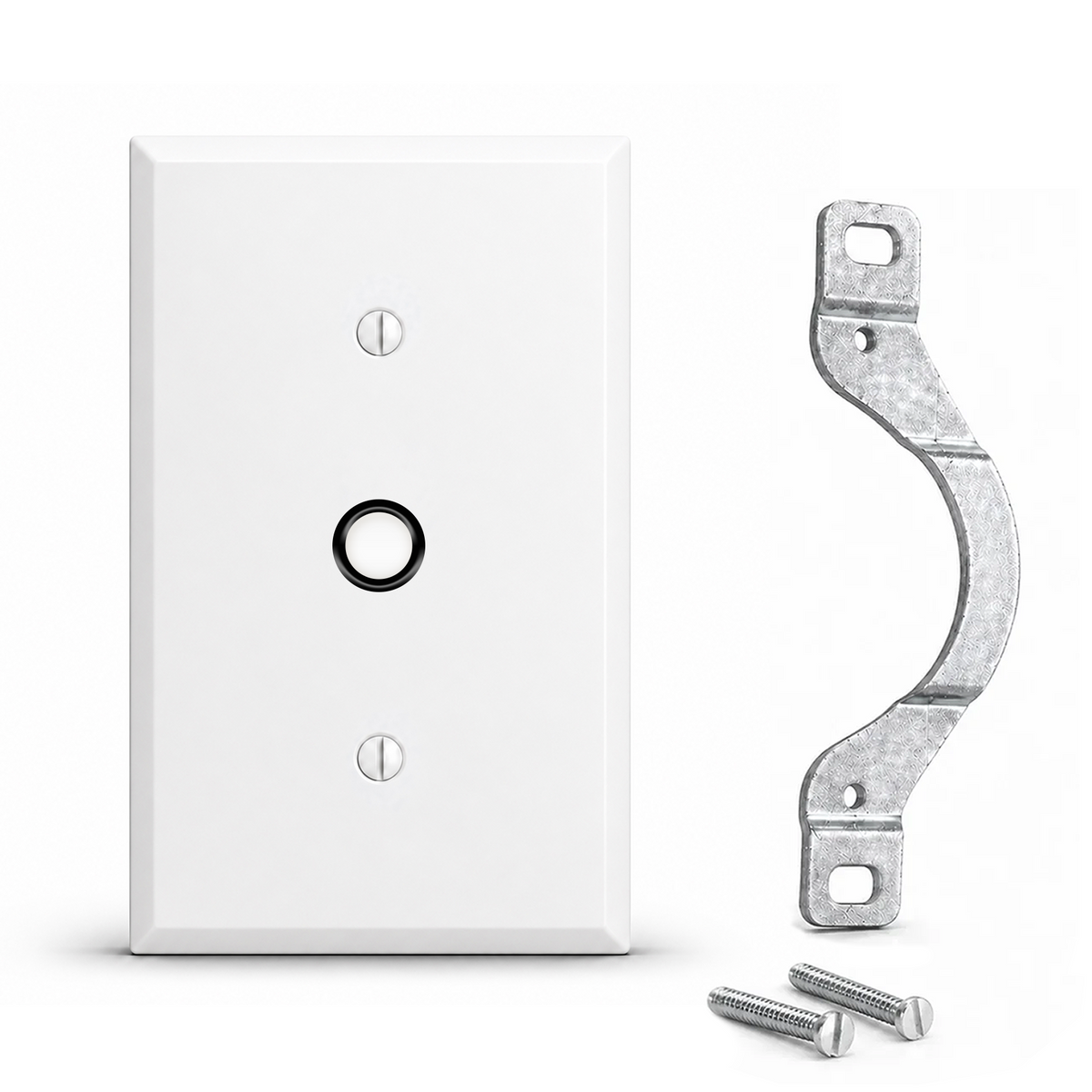 1-Gang, Standard Size, 1/2 in. Round Telephone Opening with 0.375 in. ID Grommet and Mounting Strap, White Semi-Gloss Painted Metal Wall Plate Outlet Cover - Made in USA