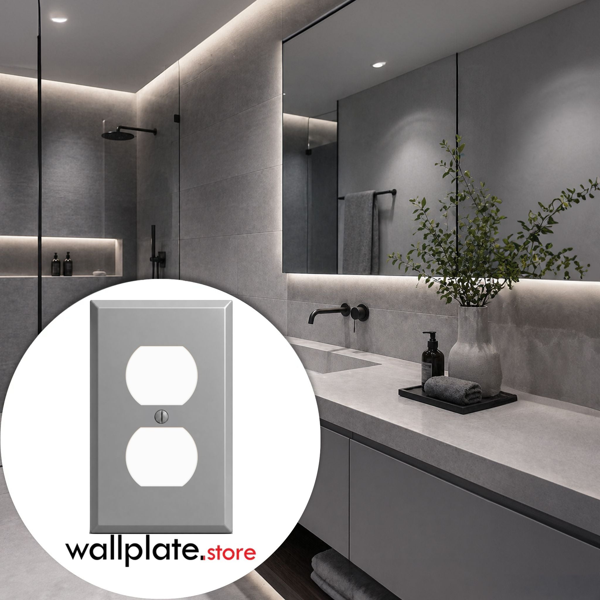 1-Gang Duplex, Standard Size, Single Round Receptacle Opening, Gray Semi-Gloss Finish Painted Metal Wallplate - Made In USA