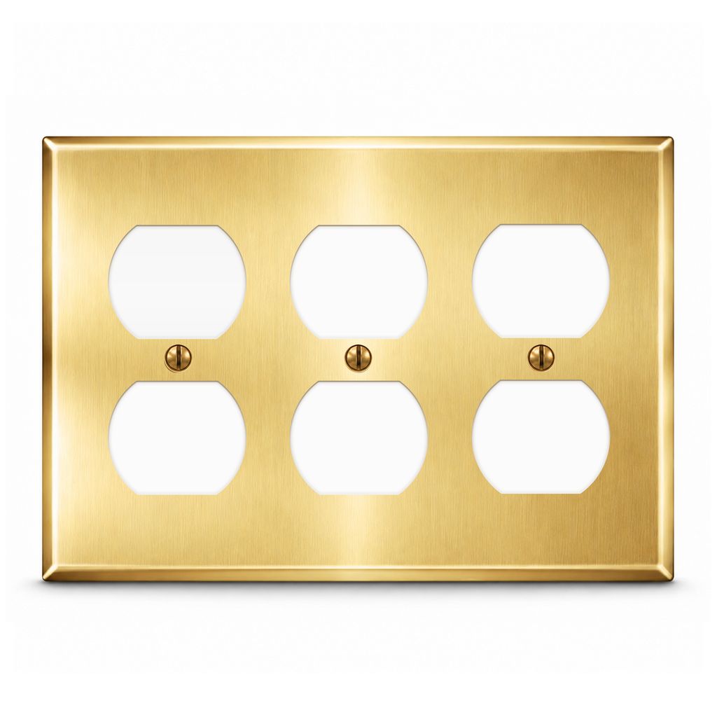 3-Gang, Standard Size, (3) Duplex Openings, Satin Brass Finish, Metal Wall Plate Outlet Cover - Made in USA