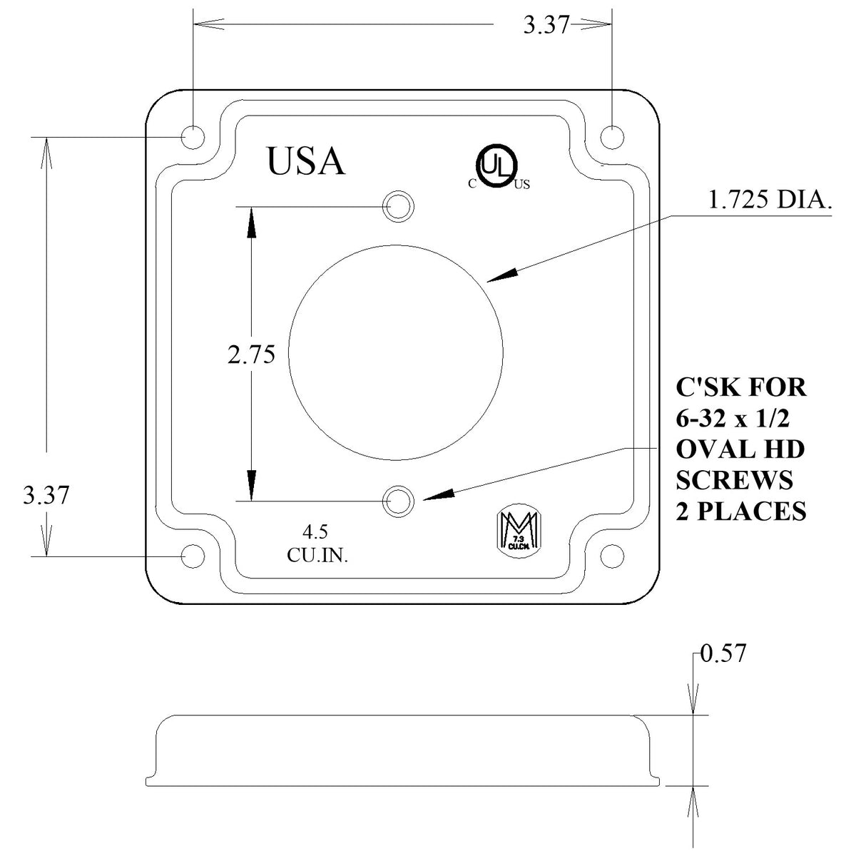 4 Inch Square Raised Box Cover for 1.73 Inch Diameter TL Receptacle – Galvanized Steel – Made in USA