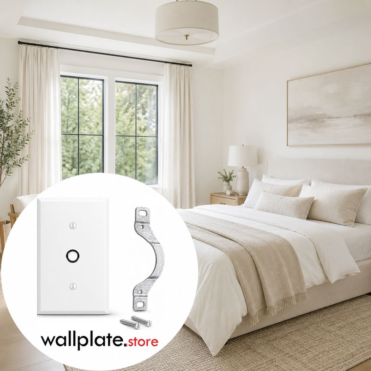 1-Gang, Standard Size, 1/2 in. Round Telephone Opening with 0.375 in. ID Grommet and Mounting Strap, White Semi-Gloss Painted Metal Wall Plate Outlet Cover - Made in USA