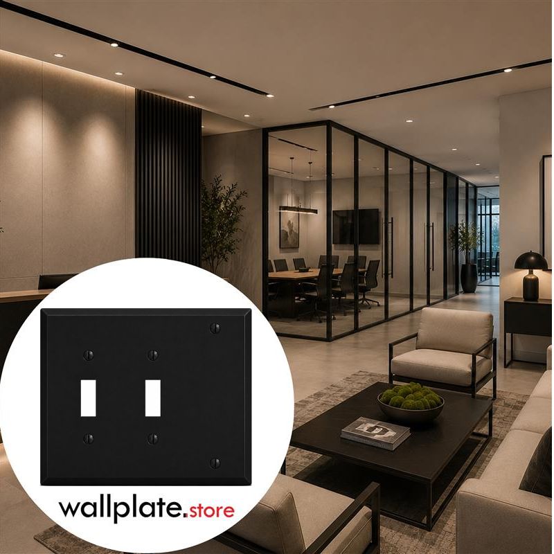 3-Gang, Standard Size, (2) Toggle, (1) Blank, Black Matte, Painted Metal Wall Plate Outlet Cover - Made in USA