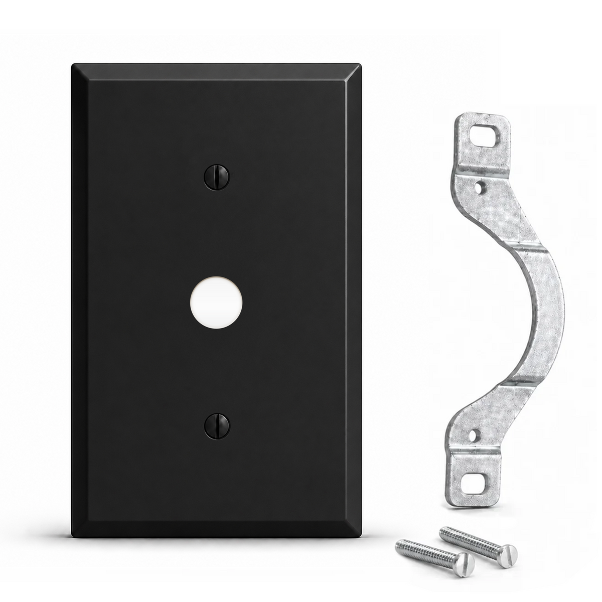 1-Gang, Standard Size, 1/2 in. Round Telephone Opening with 0.375 in. ID Grommet and Mounting Strap, Black Matte, Painted Metal Wall Plate Outlet Cover - Made in USA