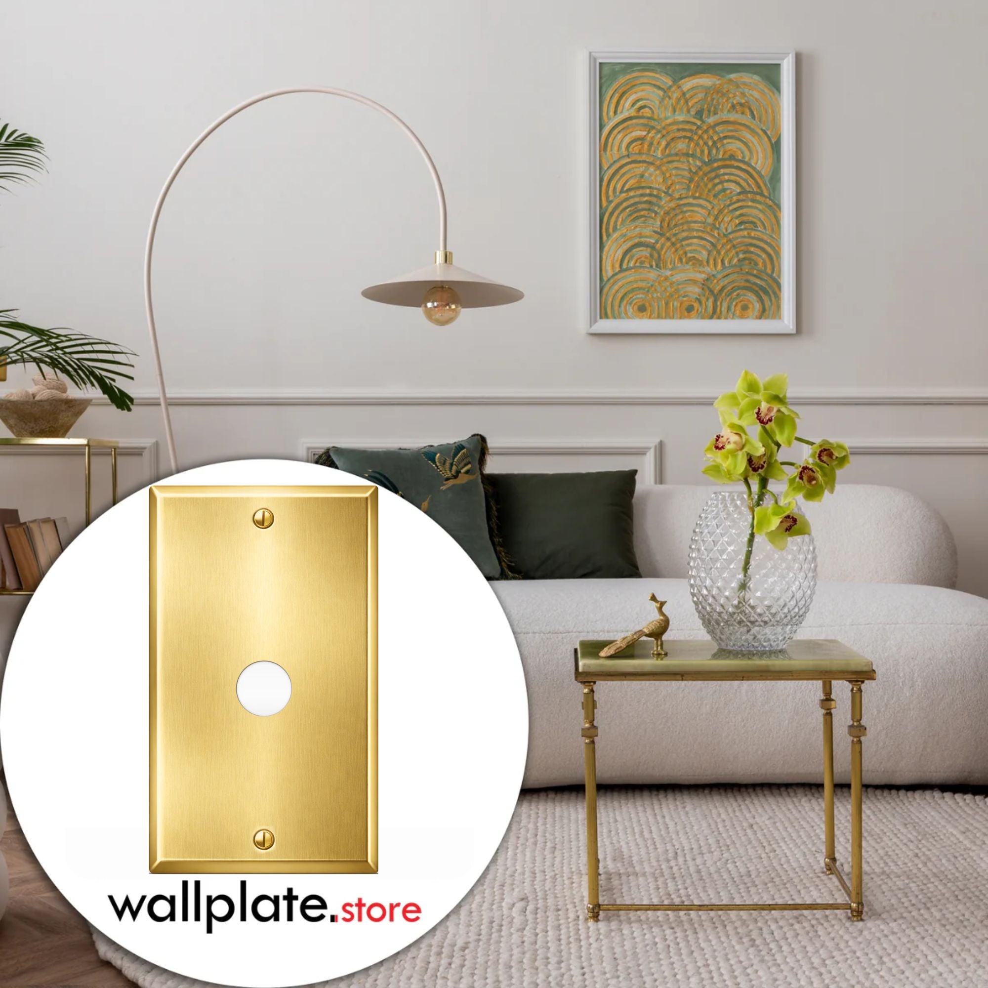 1-Gang, Standard Size, Single Round Telephone Opening, Satin Finish Brass Metal Wall Plate Cover - Made in USA