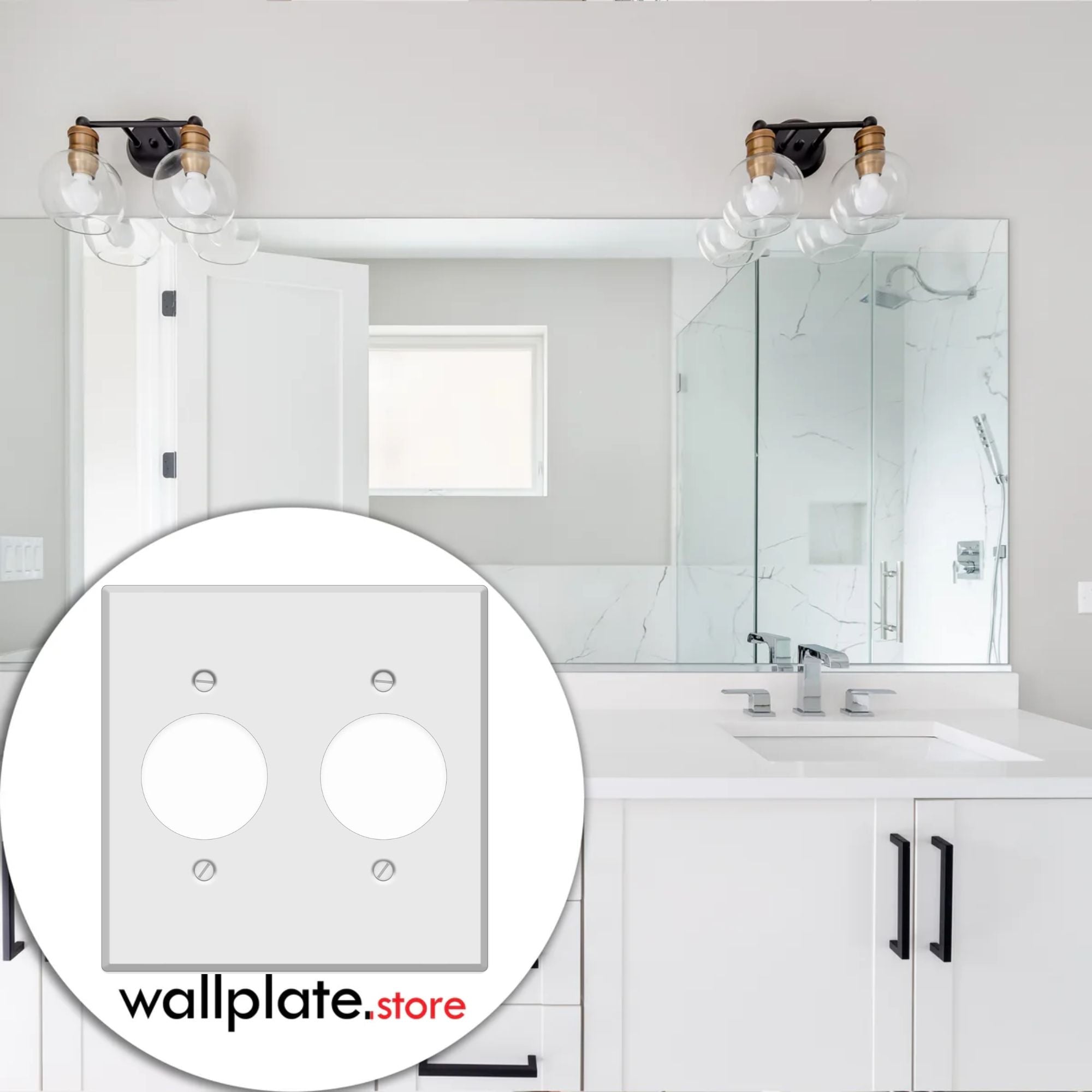 2-Gang, Standard Size, Double Round Receptacle Opening, White Semi-Gloss Metal Wall Plate Cover - Made in USA