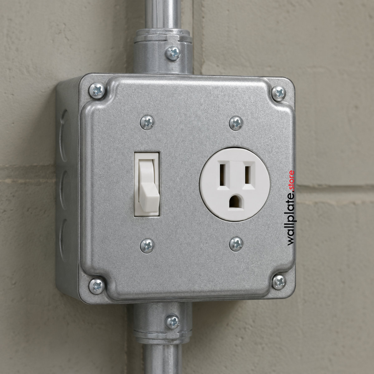 2-Gang, 4-Inch Square Size, 1 Toggle and 1 Single Receptacle Opening, Metallic Finish, Metal Raised Cover - Made in USA