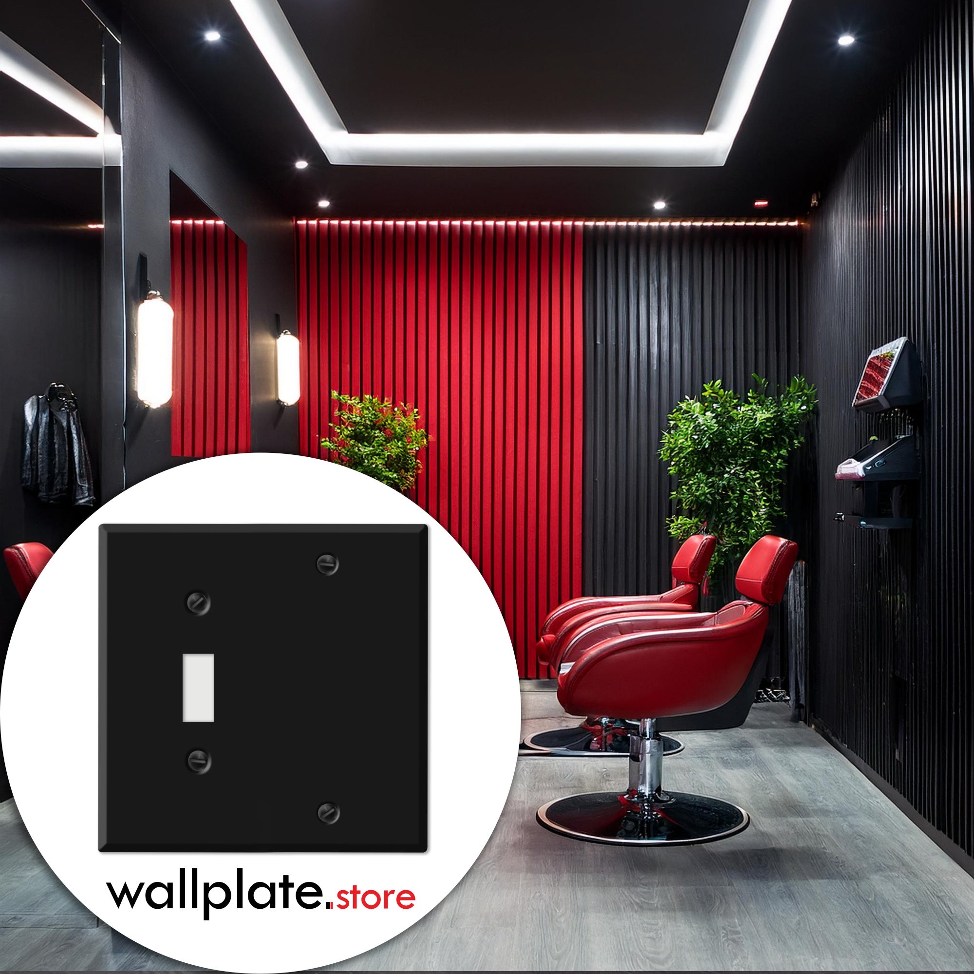 2 Gang with one toggle and one blank, standard size, Black painted metal wallplate