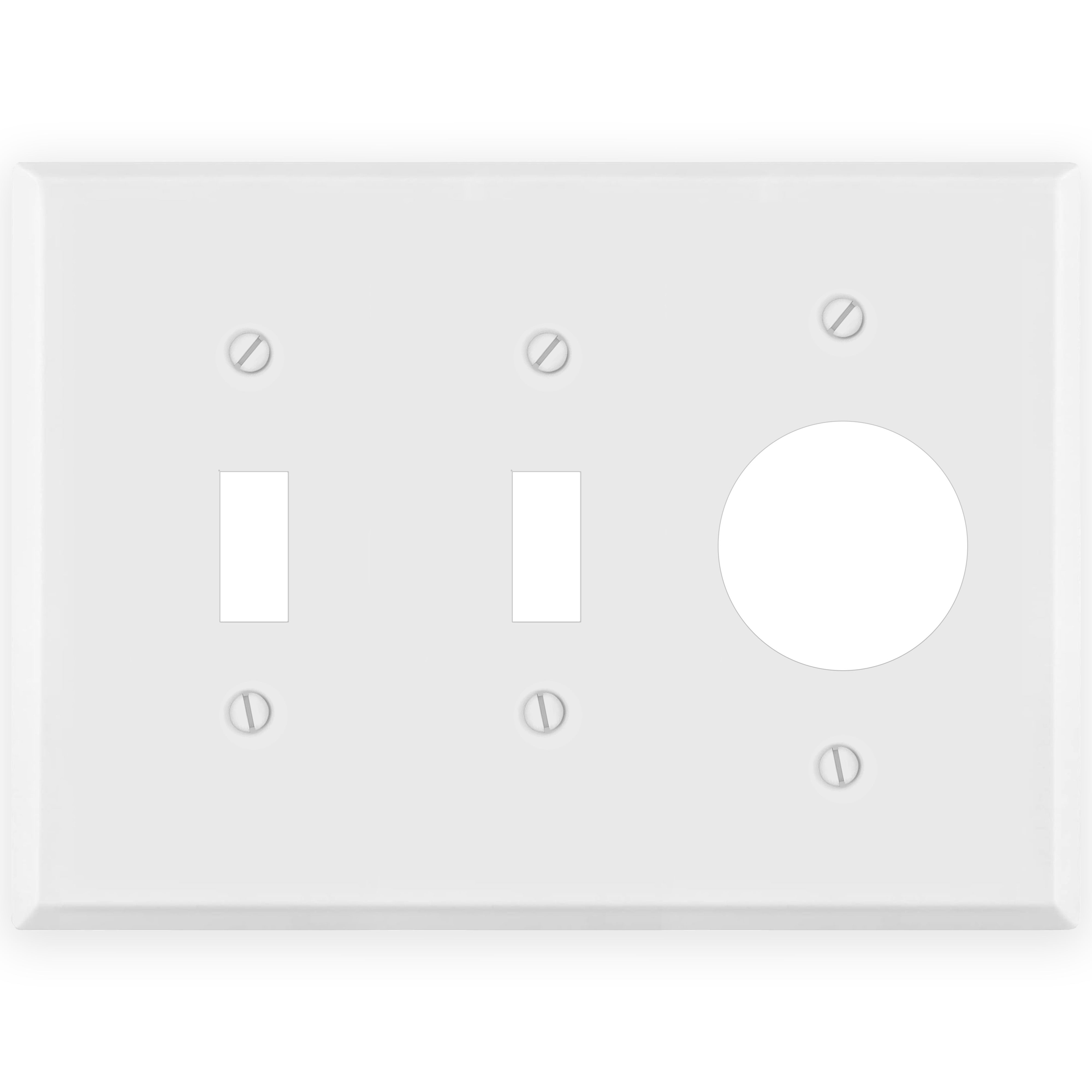 3 Gang Standard Size White Metal 2 toggle and 1 Single Round Receptacle Wall plate