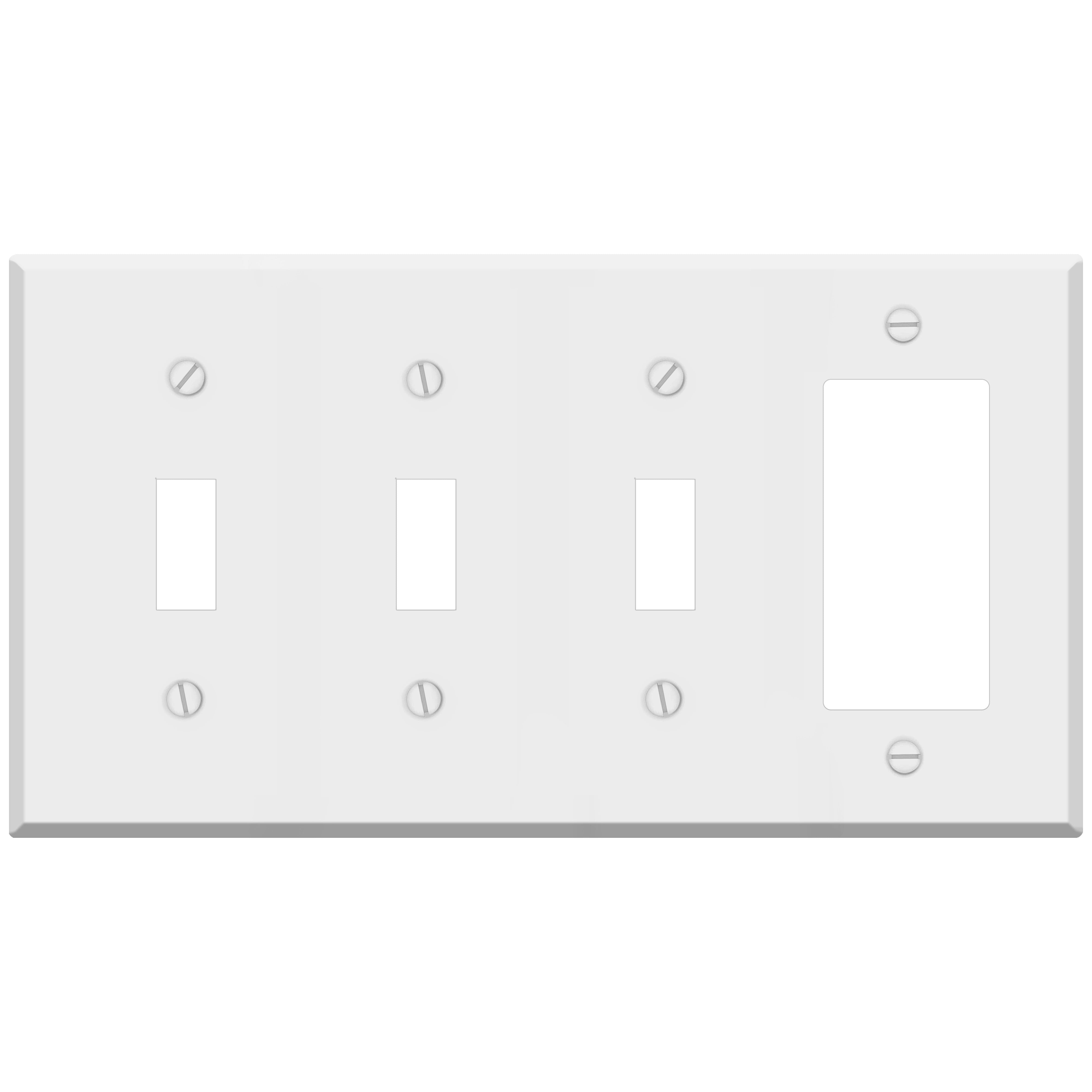 4 Gang standard size White Metal Wall Plate, With 3 toggle and 1 Rocker Decora® Style Openings