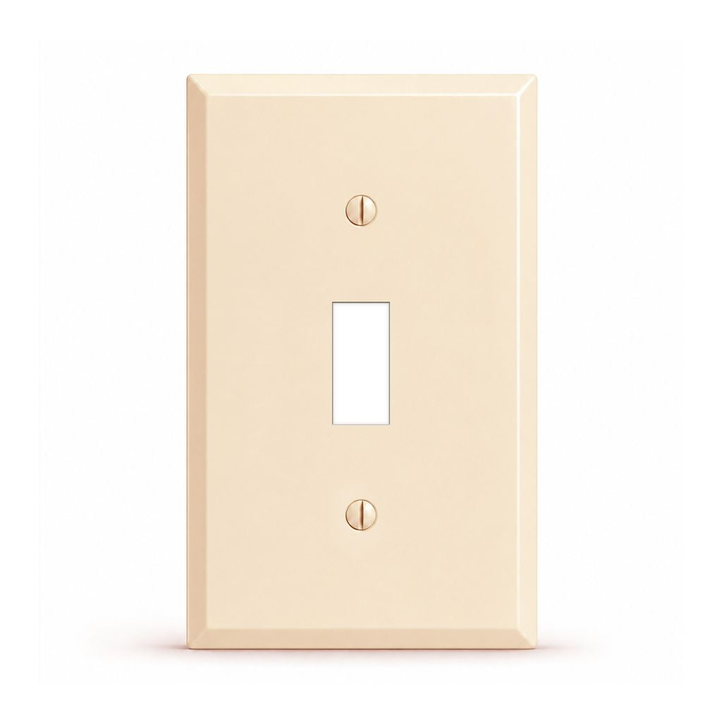 A single-gang light switch plate in a warm cream or ivory finish, featuring a rectangular cutout in the center and two screw holes with metallic screws, shown against a plain white background.