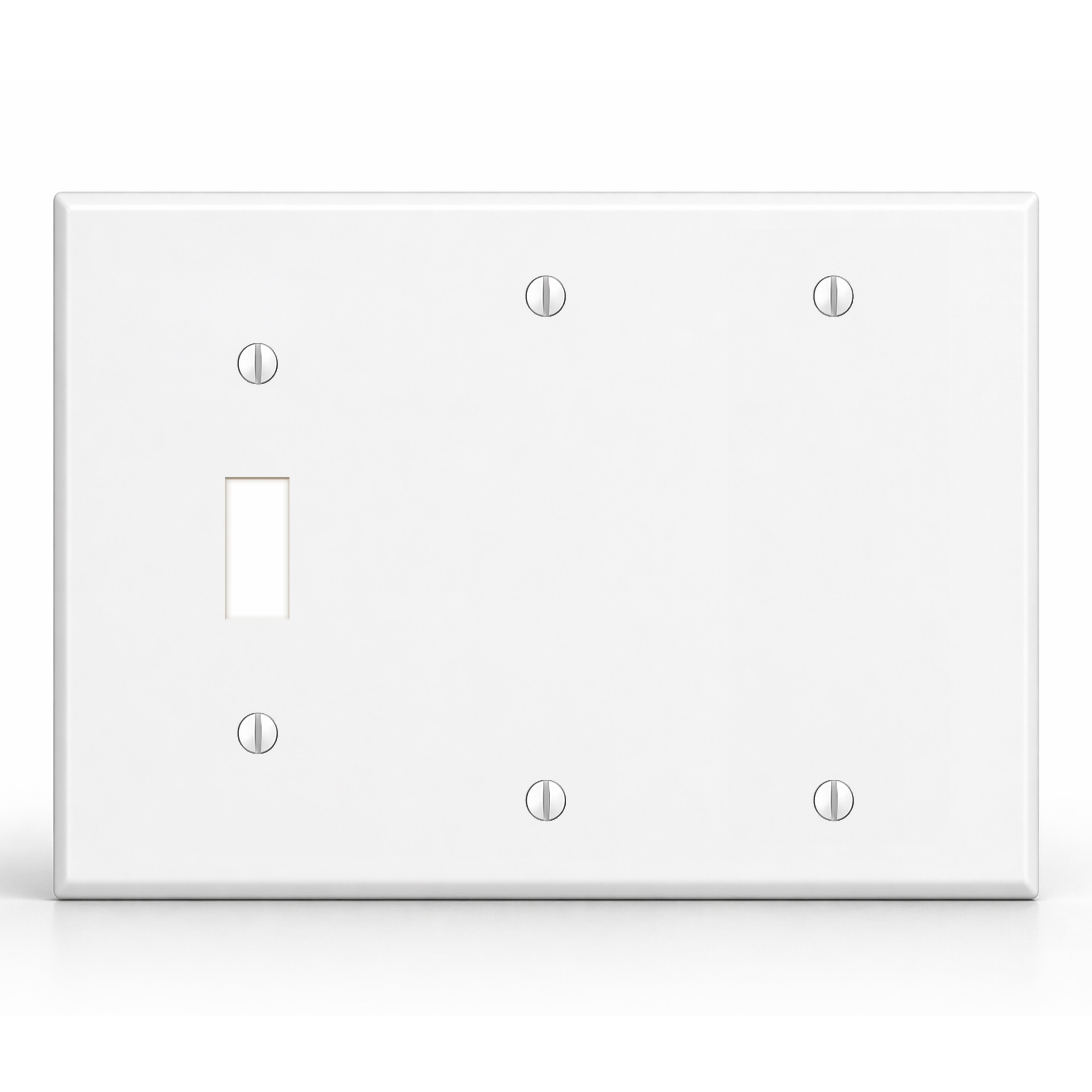 3-Gang White Painted Metal Wallplate with 1 Toggle Opening and 2 Blank, Standard Size, Made in USA