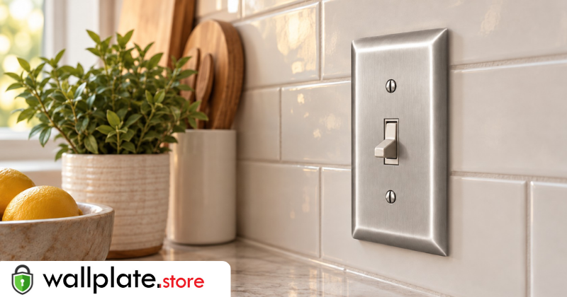 Deep metal wall plates with beveled edge in a kitchen setting used on tiles where the electric box extends out of the wall.