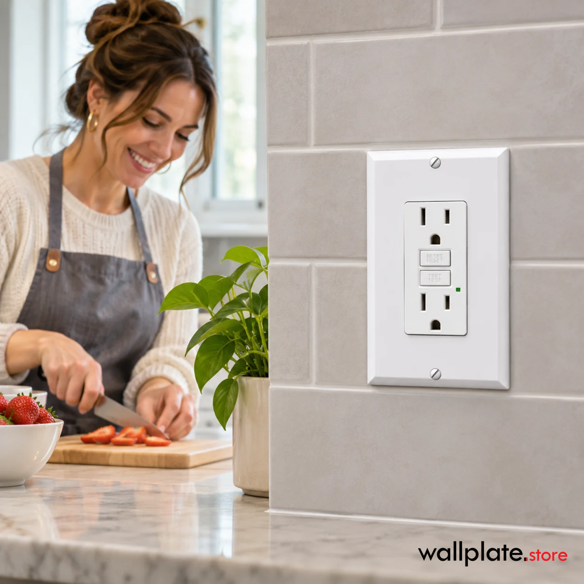White 1-gang metal GFCI wall plate installed on a kitchen backsplash with a GFCI outlet and woman preparing food nearby.