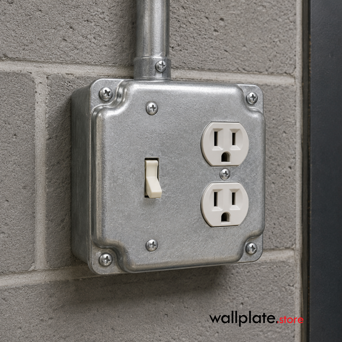 4-Inch Square Raised Toggle Switch and Duplex Outlet Cover – Silver Galvanized Steel