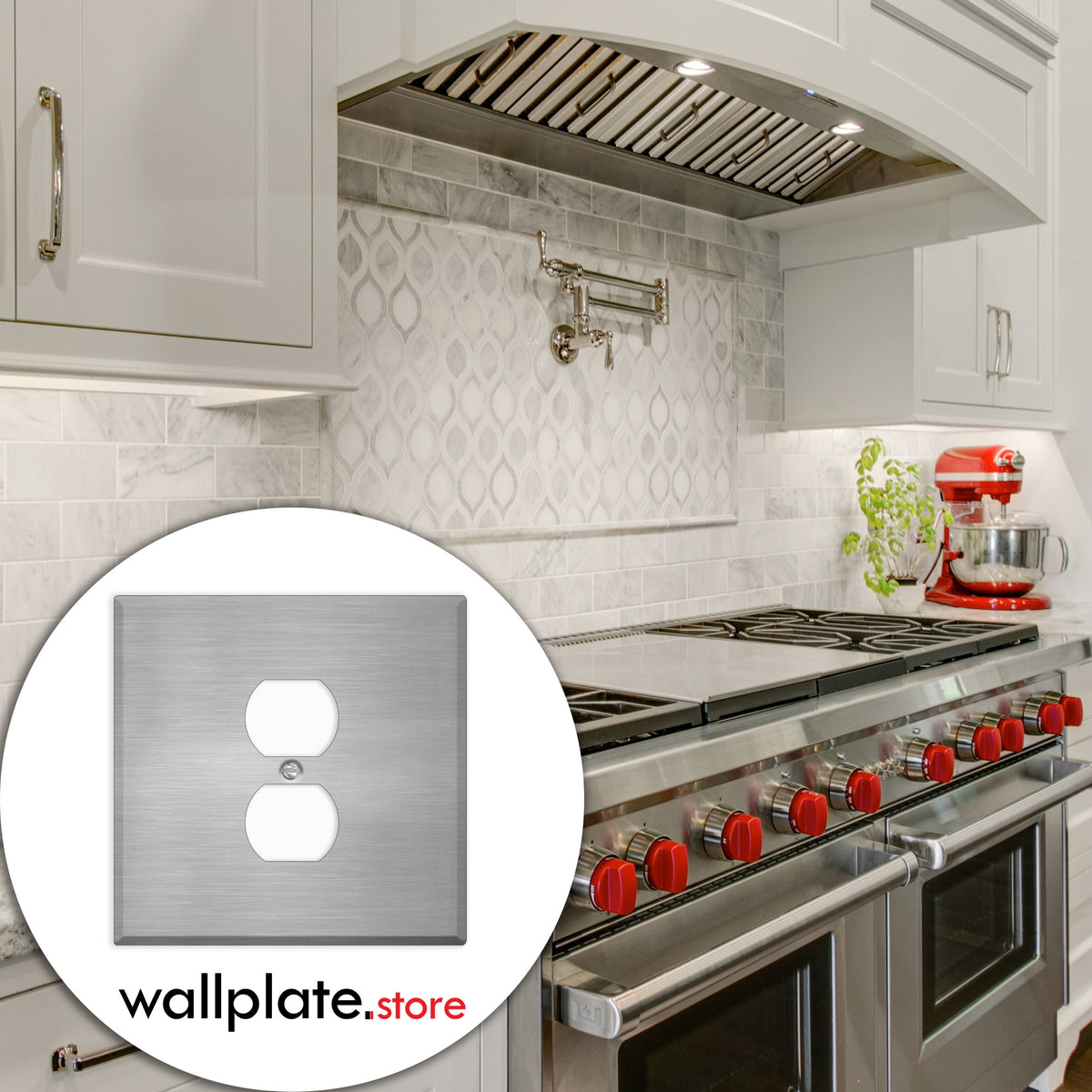 2-Gang Oversize Stainless Steel Wall Plate – 1 Centered Duplex Receptacle – Type 430 Satin
