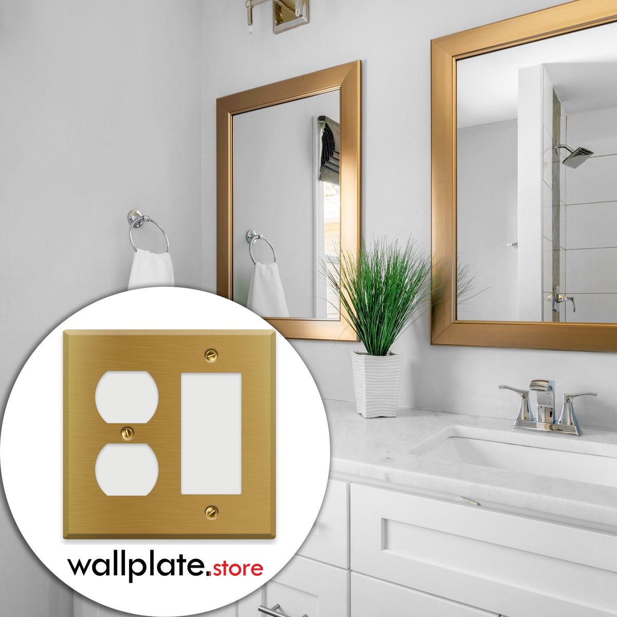 2-Gang Standard Brass Wall Plate – 1 Duplex Receptacle + 1 Decora/GFCI Opening – Satin Brass