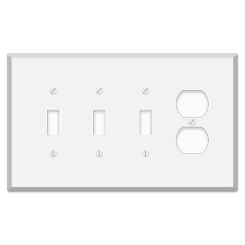 4-Gang Oversize Metal Wall Plate – 3 Toggle Openings + 1 Duplex Receptacle – White Semi-Gloss