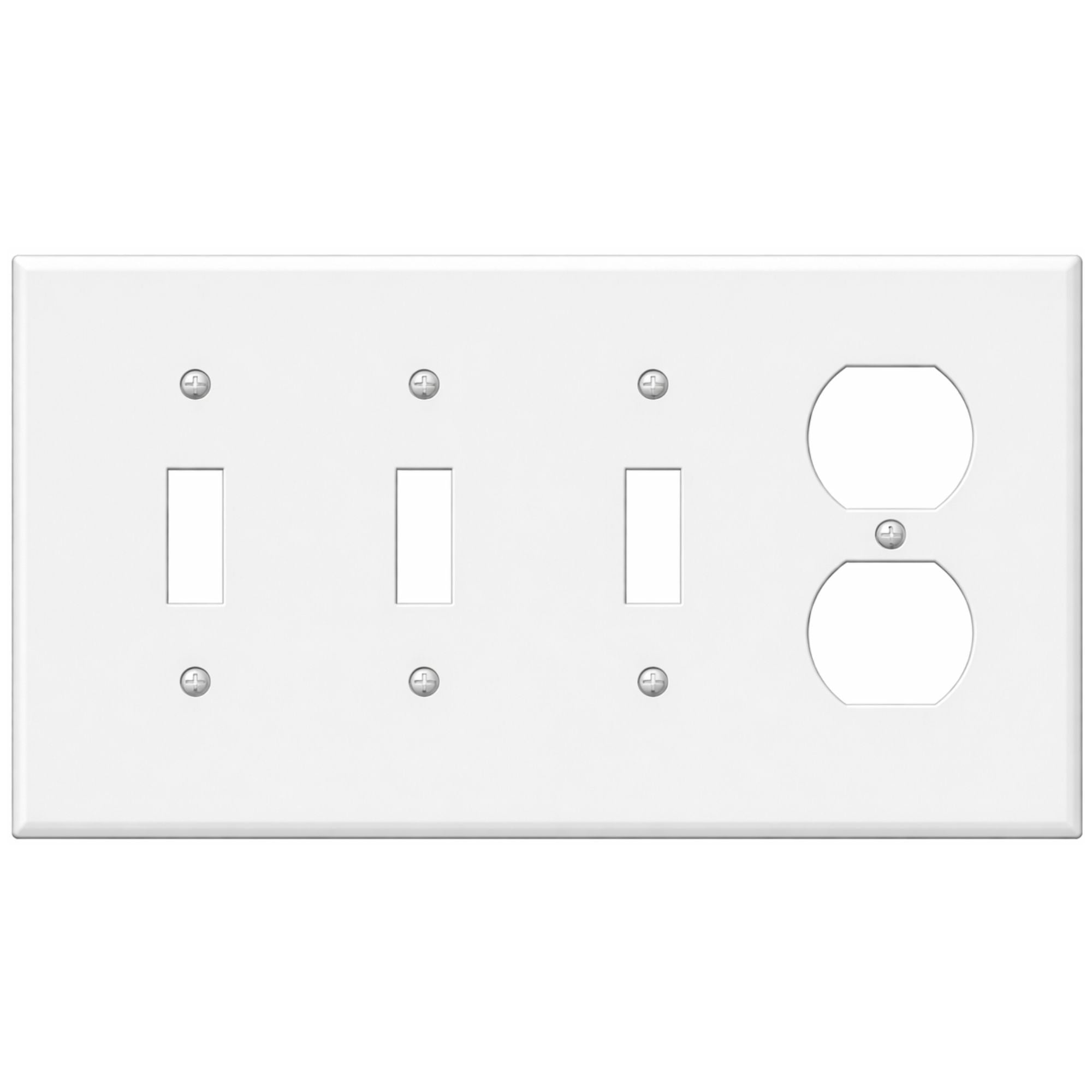 4-Gang with (3) Toggle (1) Duplex, Standard Size, White Painted Metal Wall Plate