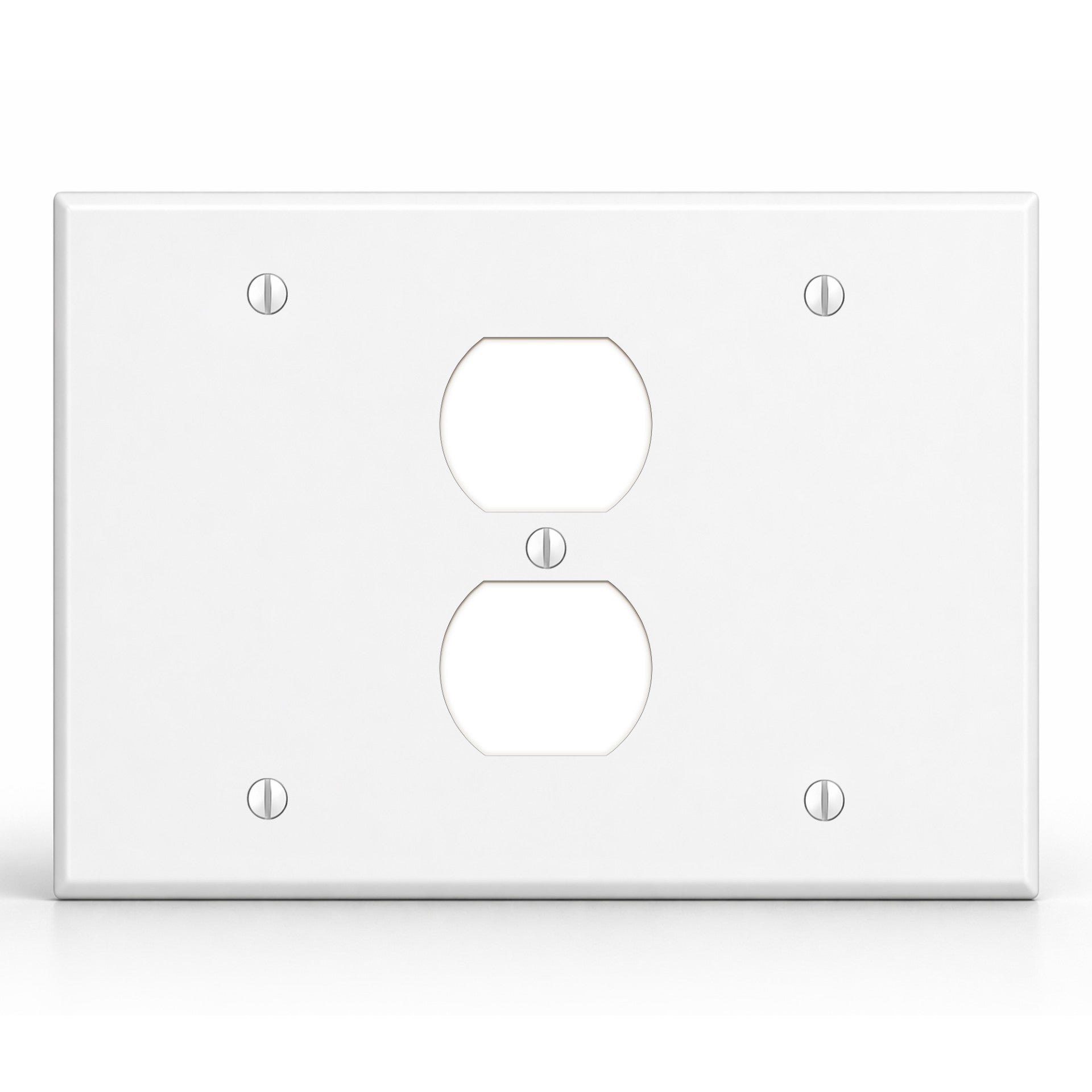 3-Gang, Standard Size, 1 Blank, 1 Duplex and 1 Blank, White Semi-Gloss Finish Plate Cover -  Made in USA