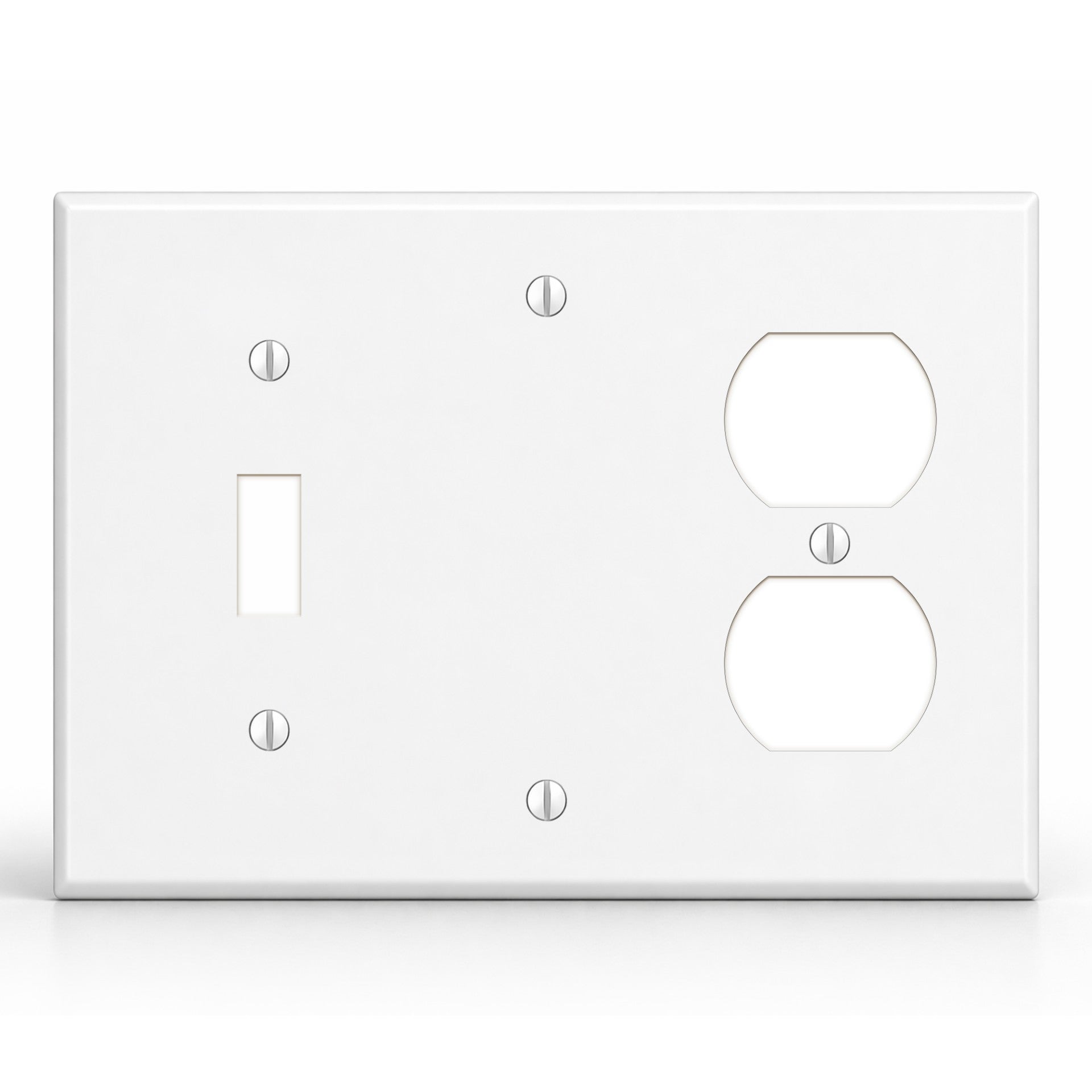 3-Gang, Standard Size, 1 Toggle Switch, 1 Blank and 1 Duplex Receptacles, White Semi-Gloss Finish Plate Cover -  Made in USA