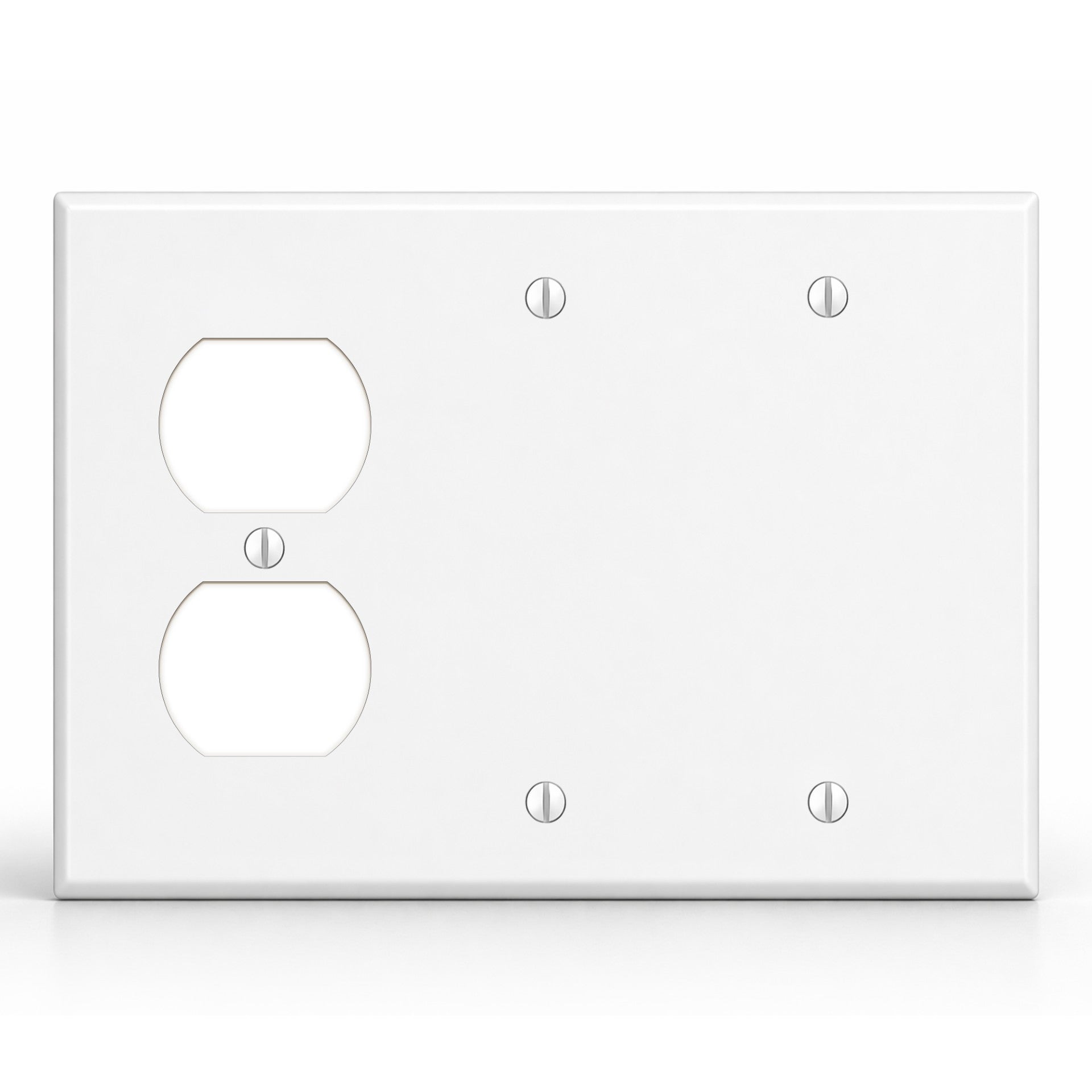 3-Gang, Standard Size, 1 Duplex Receptacle and 2 Blanks, White Semi-Gloss Finish Plate Cover -  Made in USA