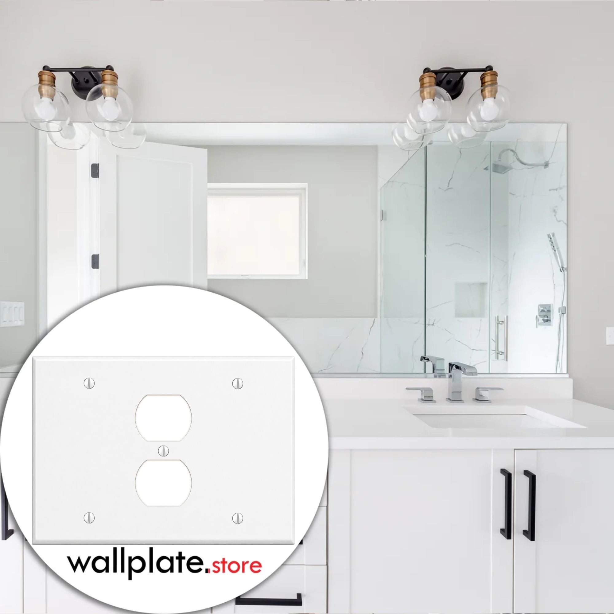 3-Gang, Standard Size, 1 Blank, 1 Duplex and 1 Blank, White Semi-Gloss Finish Plate Cover -  Made in USA