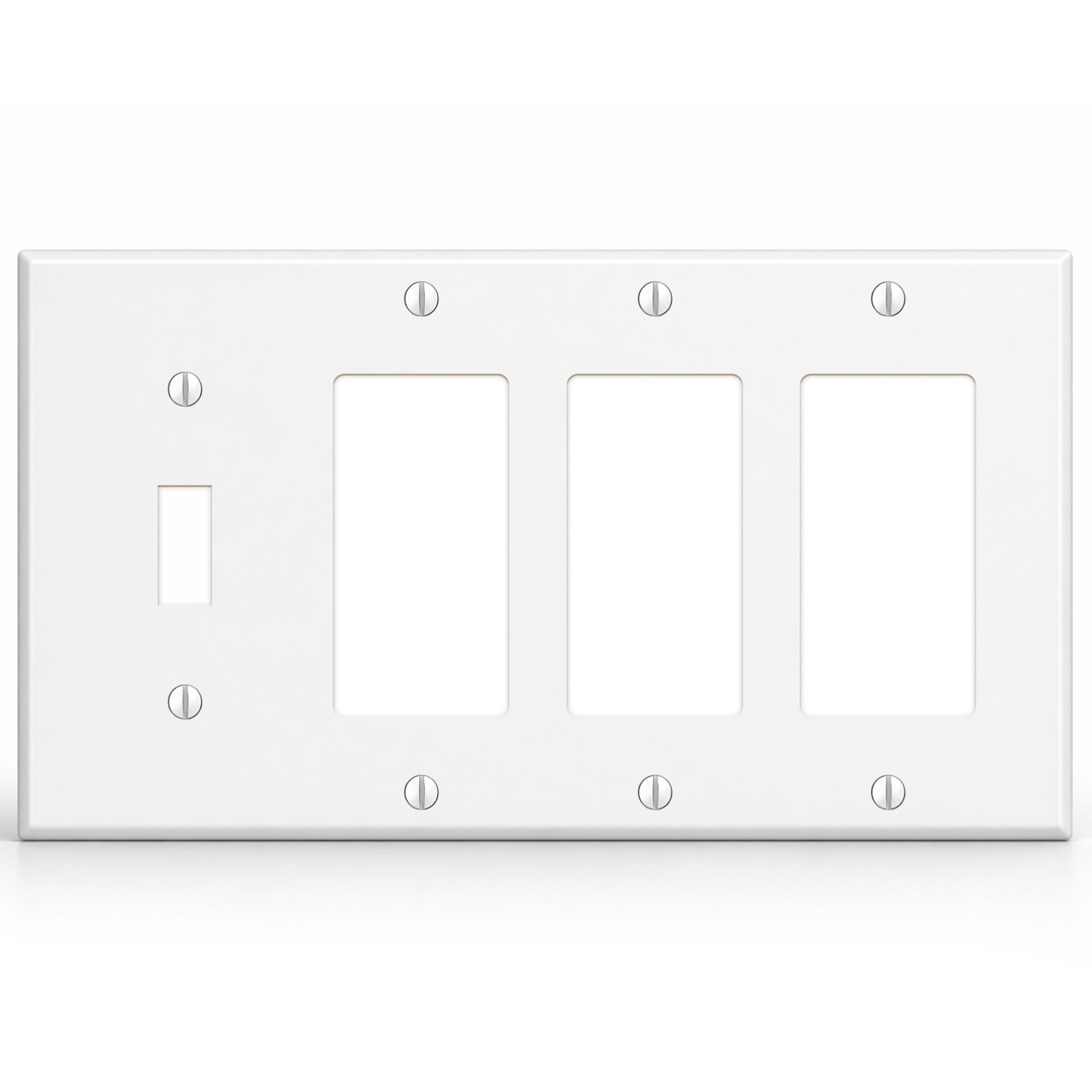 4-Gang, Standard Size, 1 Toggle Switch and 3 Rocker Switches, White Semi-Gloss Finish Wall Plate Outlet Cover -  Made in USA