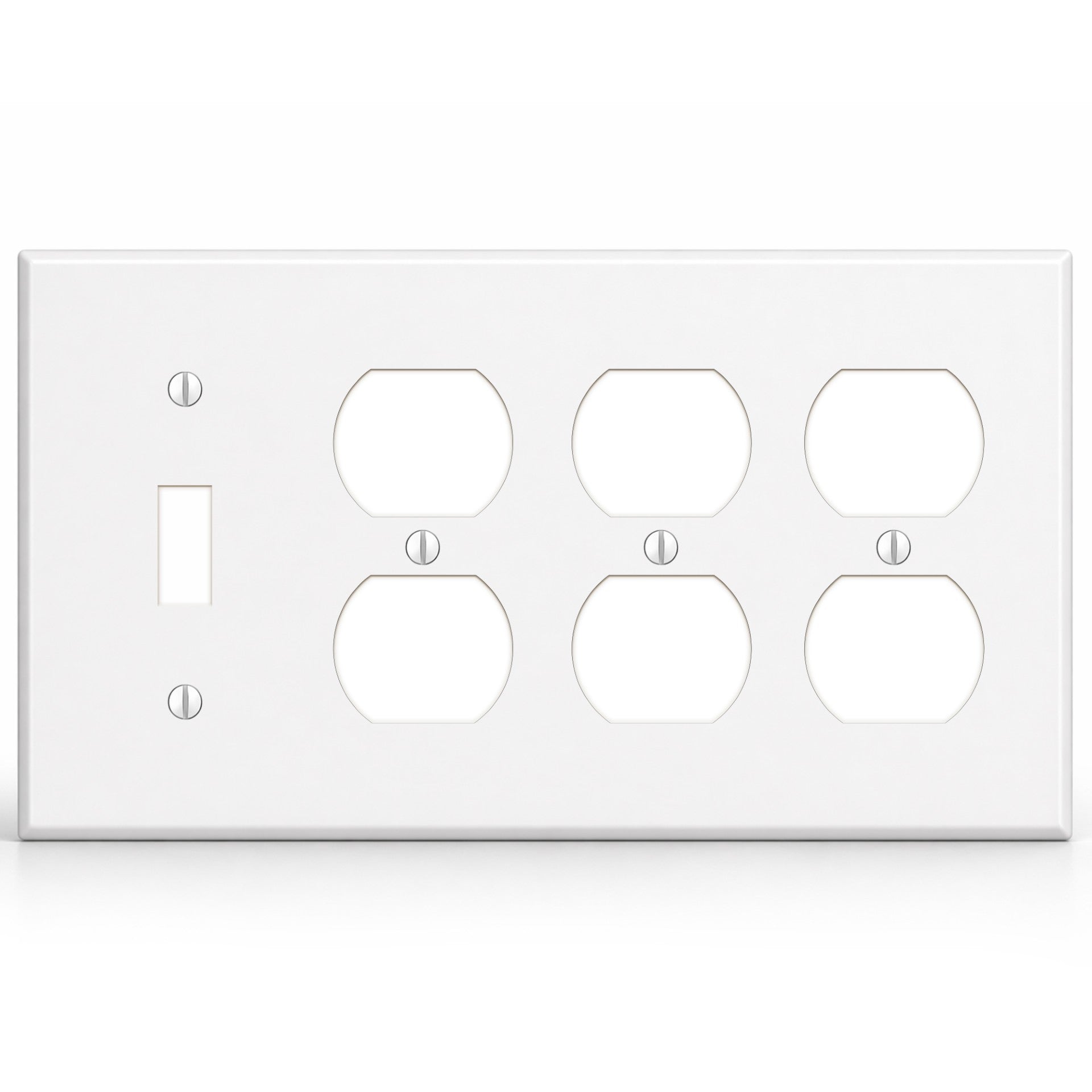 4-Gang, Standard Size, 1 Toggle Switch and 3 Duplex Receptacles, White Semi-Gloss Finish Wall Plate Outlet Cover -  Made in USA