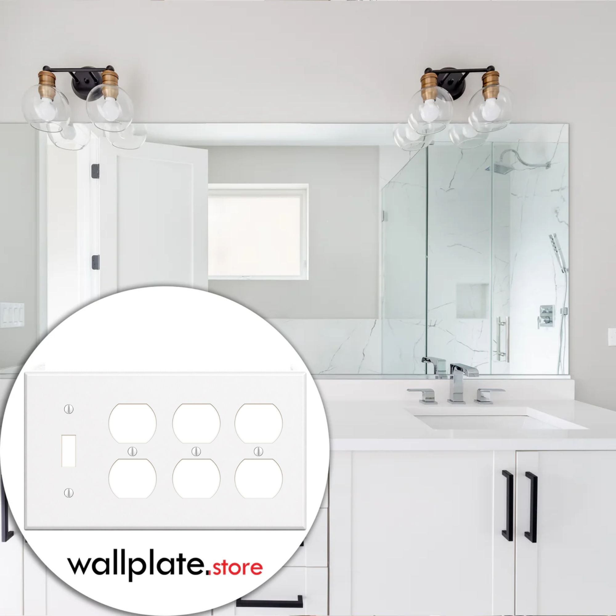 4-Gang, Standard Size, 1 Toggle Switch and 3 Duplex Receptacles, White Semi-Gloss Finish Wall Plate Outlet Cover -  Made in USA