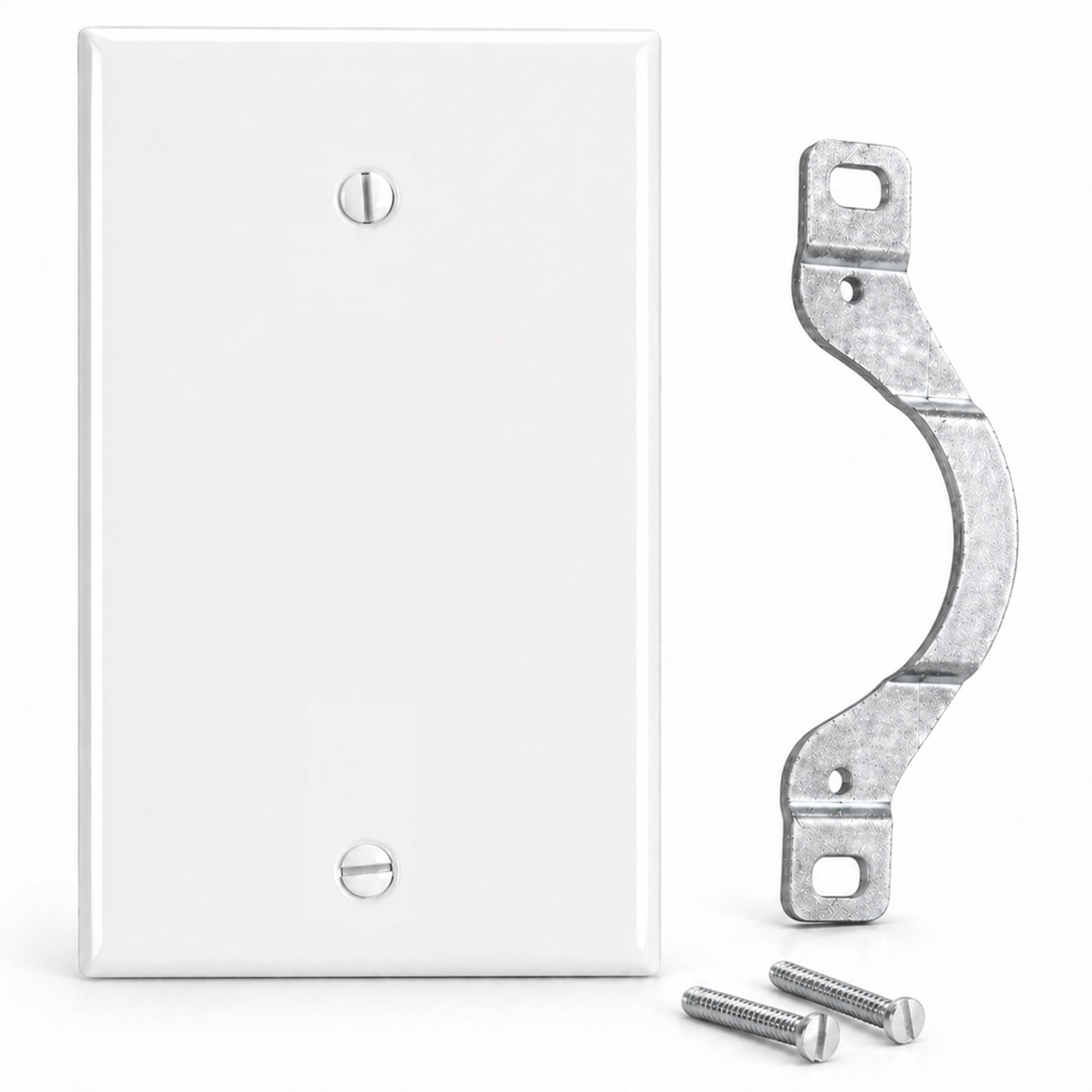 1-Gang, Standard Size,  Blank with Mounting Strap, White Semi-Gloss Metal Wall Plate Cover -  Made in USA